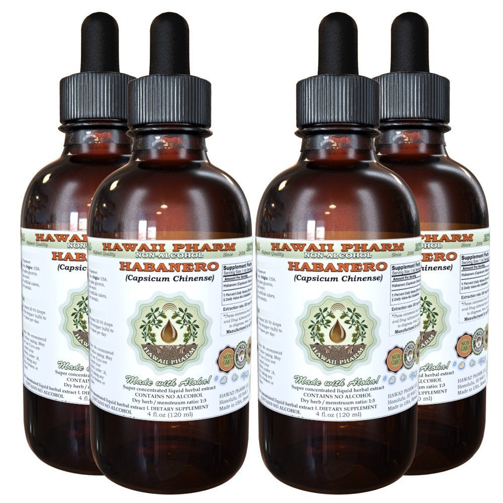 Organic Habanero Alcohol-Free Liquid Extract (Capsicum chinense) - Natural Herbal Supplement by Hawaii Pharm - 4x4 oz - Perfect for Cooking, Health Tonics & Herbal Remedies