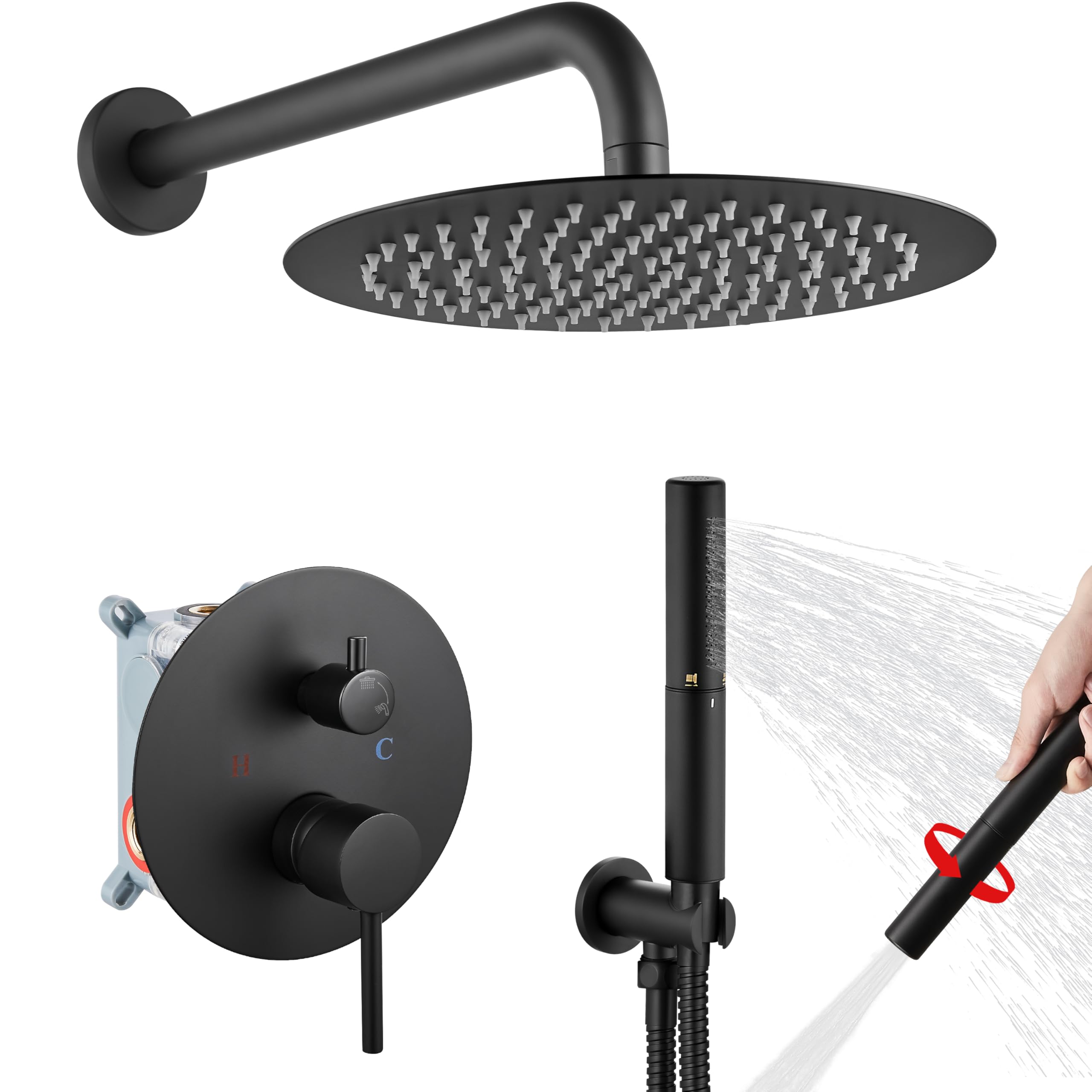 Airuida 2-Function Wall Mounted Shower Faucet Set - High Pressure Brass Handheld Shower with Rough-in Valve & 10 Inch Round Rainfall Shower Head in Matte Black - Perfect for Modern Bathroom Renovations and Spa-Like Shower Experience