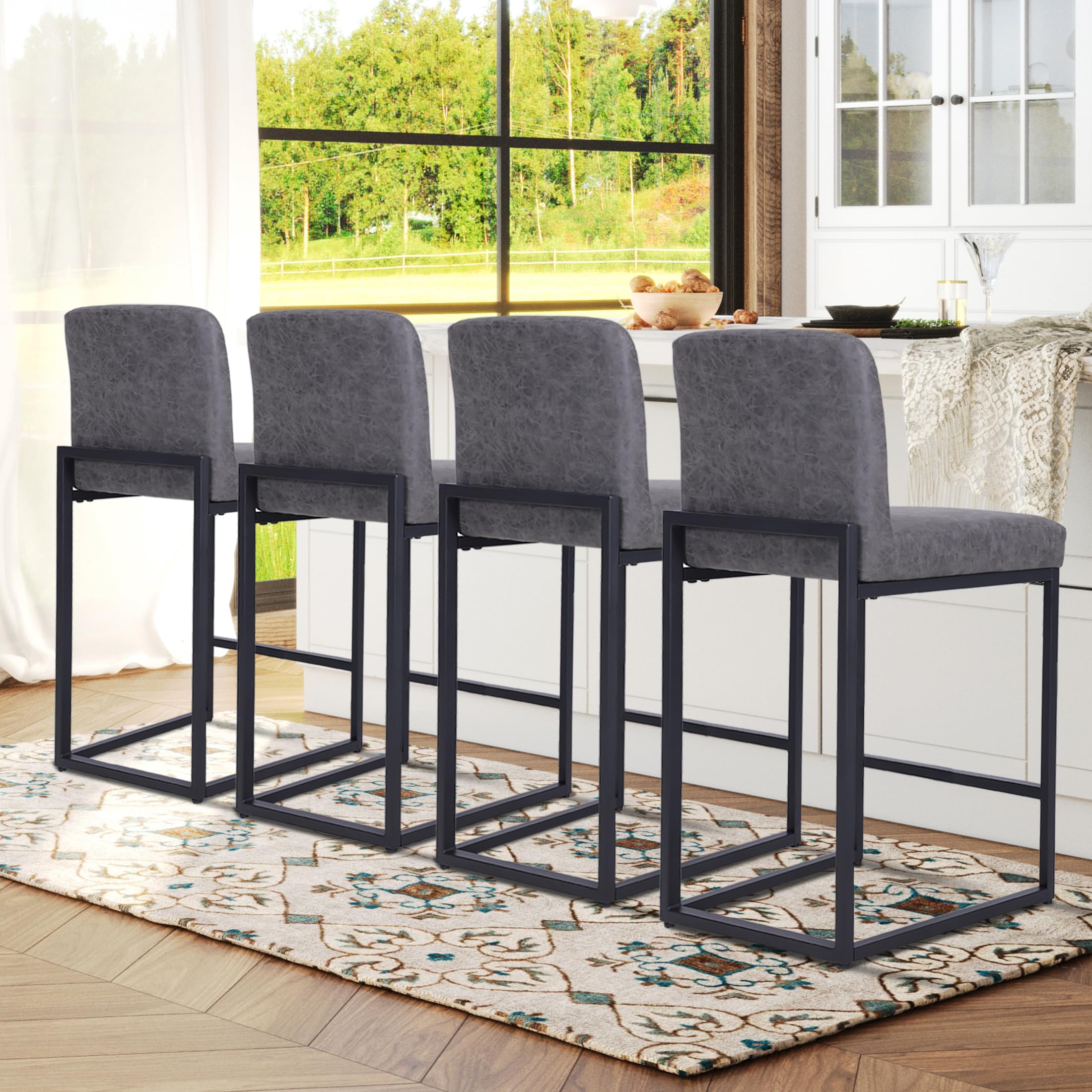 ALPHA HOME 24 Inch Bar Stools Set of 4 - Modern PU Leather Counter Height Kitchen Stools with Backrest, Upholstered Seat & Footrest, Sturdy Chrome Metal Frame (Grey) - Perfect for Kitchen Islands, Breakfast Bars & Home Bars
