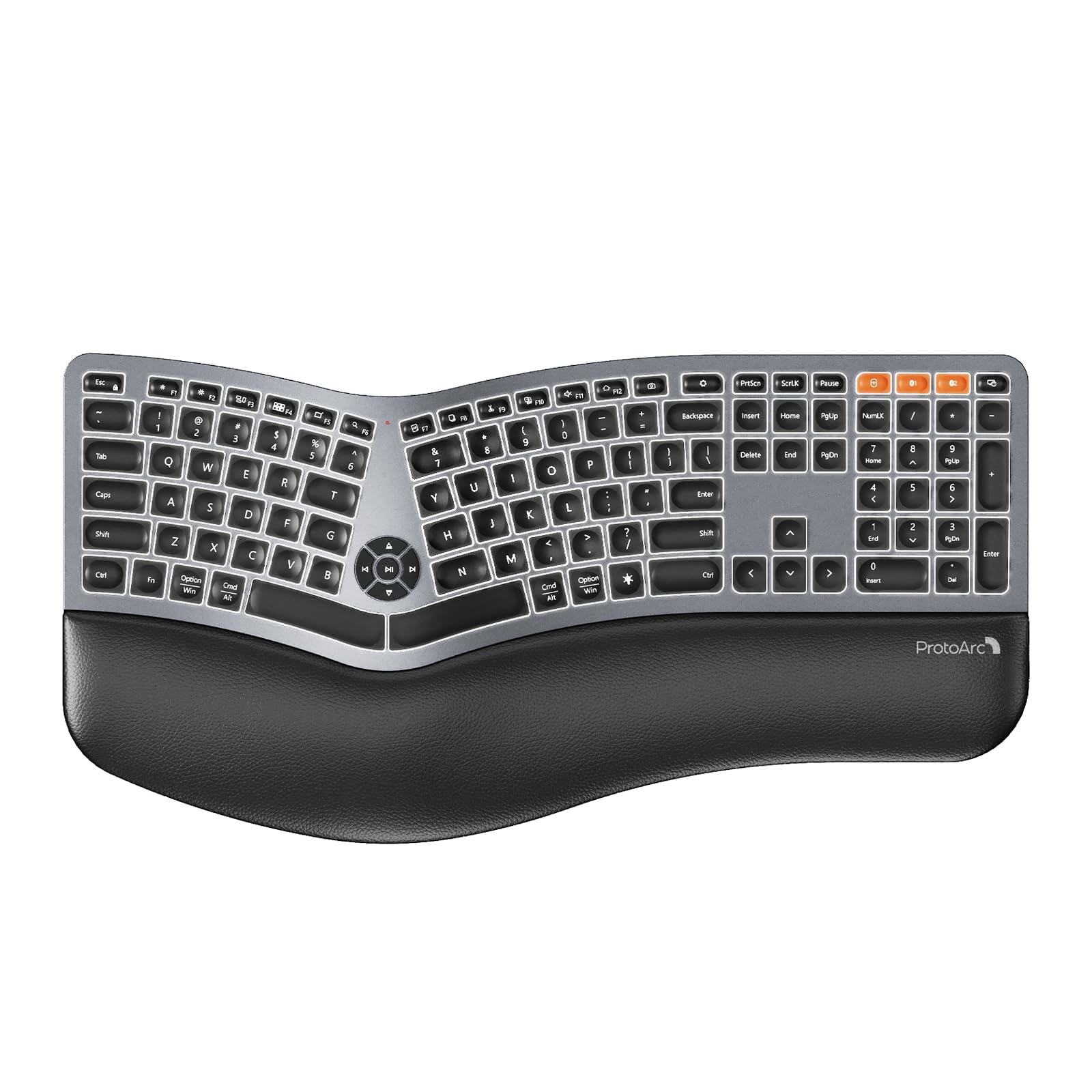 ProtoArc EK01 Plus Backlit Bluetooth Ergonomic Split Keyboard - Full Size Wireless Keyboard with Dual Bluetooth & USB, Cushioned Wrist Rest, Rechargeable Battery - Compatible with Windows, Mac, Android (Grey) - Perfect for Office Work, Gaming & Long Typing Sessions
