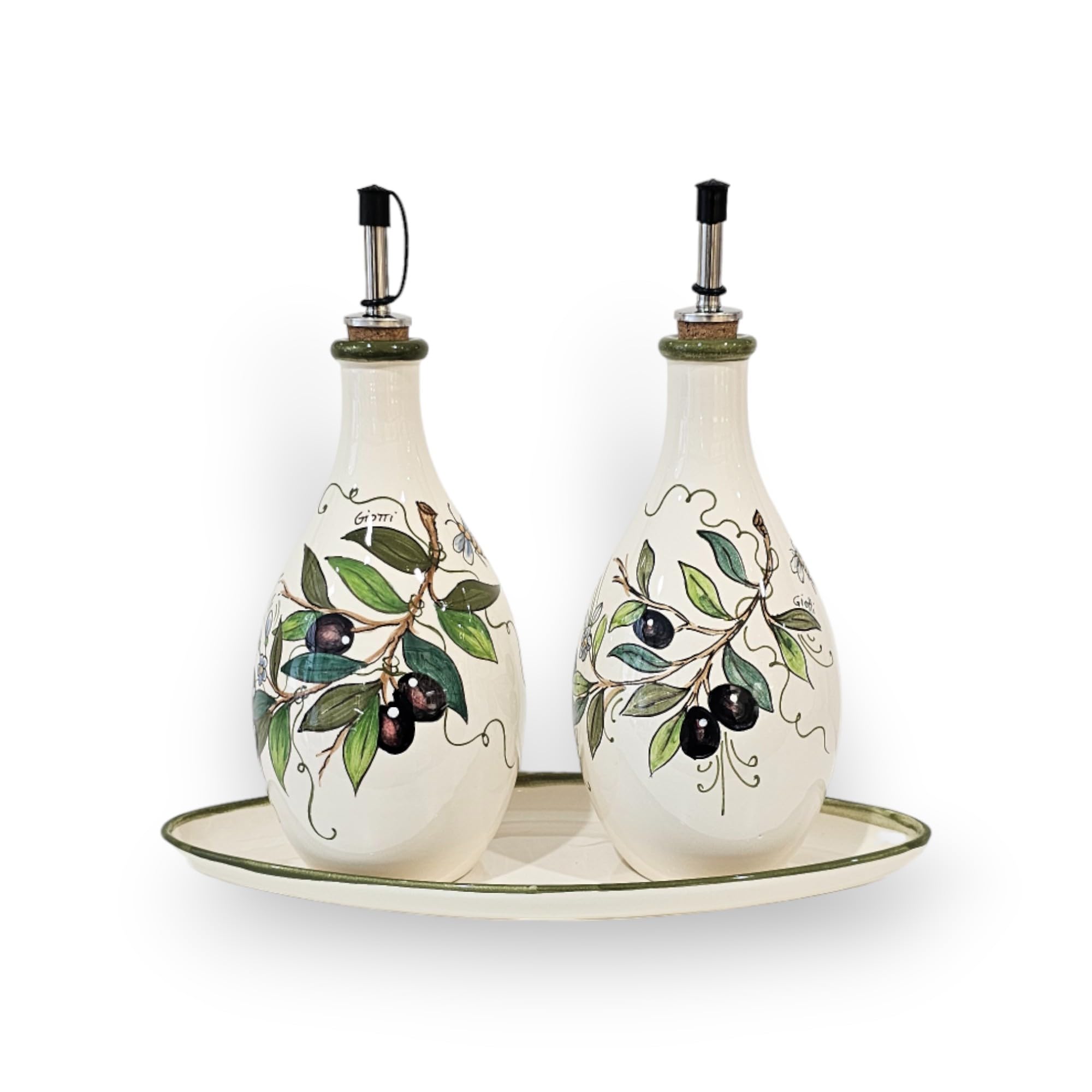 Italian Ceramic Oil and Vinegar Dispenser Set - 7 oz Hand-Painted Olive Design Kitchen Decor - Made in Tuscany, Italy - Elegant Pottery Bottles for Olive Oil & Balsamic - Perfect for Dining Tables, Countertops & Gift Giving