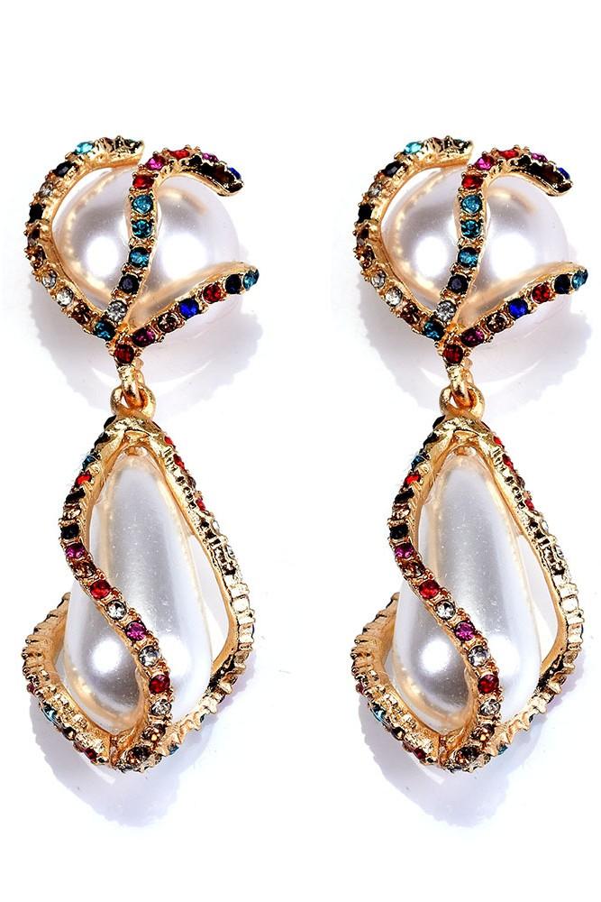 Elegant Carved Winding Diamond & Pearl Drop Earrings for Women | Vintage Dangle Jewelry | Perfect for Weddings, Parties & Special Occasions