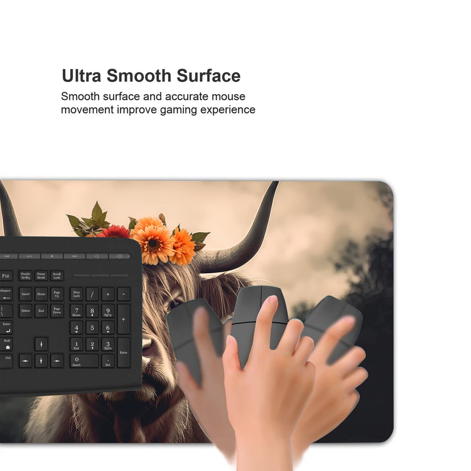 Highland Cow XXL Gaming Mouse Pad (35''×15.7'') - Non-Slip Base & Stitched Edges Desk Mat for Office, Computer & Keyboard | Perfect for Gaming Setups, Home Office & Workstations
