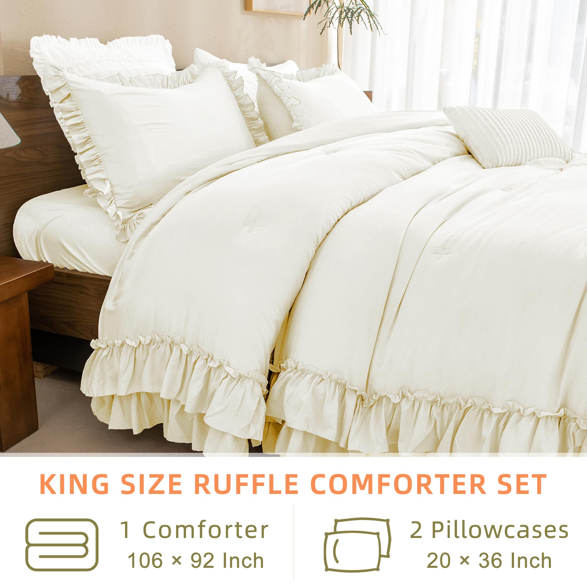 QSH King Size Ruffle Comforter Set - 3 Piece Ivory Shabby Chic Farmhouse Bedding | Ultra Soft Microfiber Lightweight Boho Duvet Cover | Perfect for French Country Bedrooms, Guest Rooms & Cozy Boho Decor
