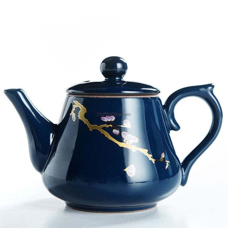 Exquisite Chinese Blue Porcelain Teapot with Hand-Painted Golden Floral Design - Perfect for Afternoon Tea, Gifts, and Home Decor