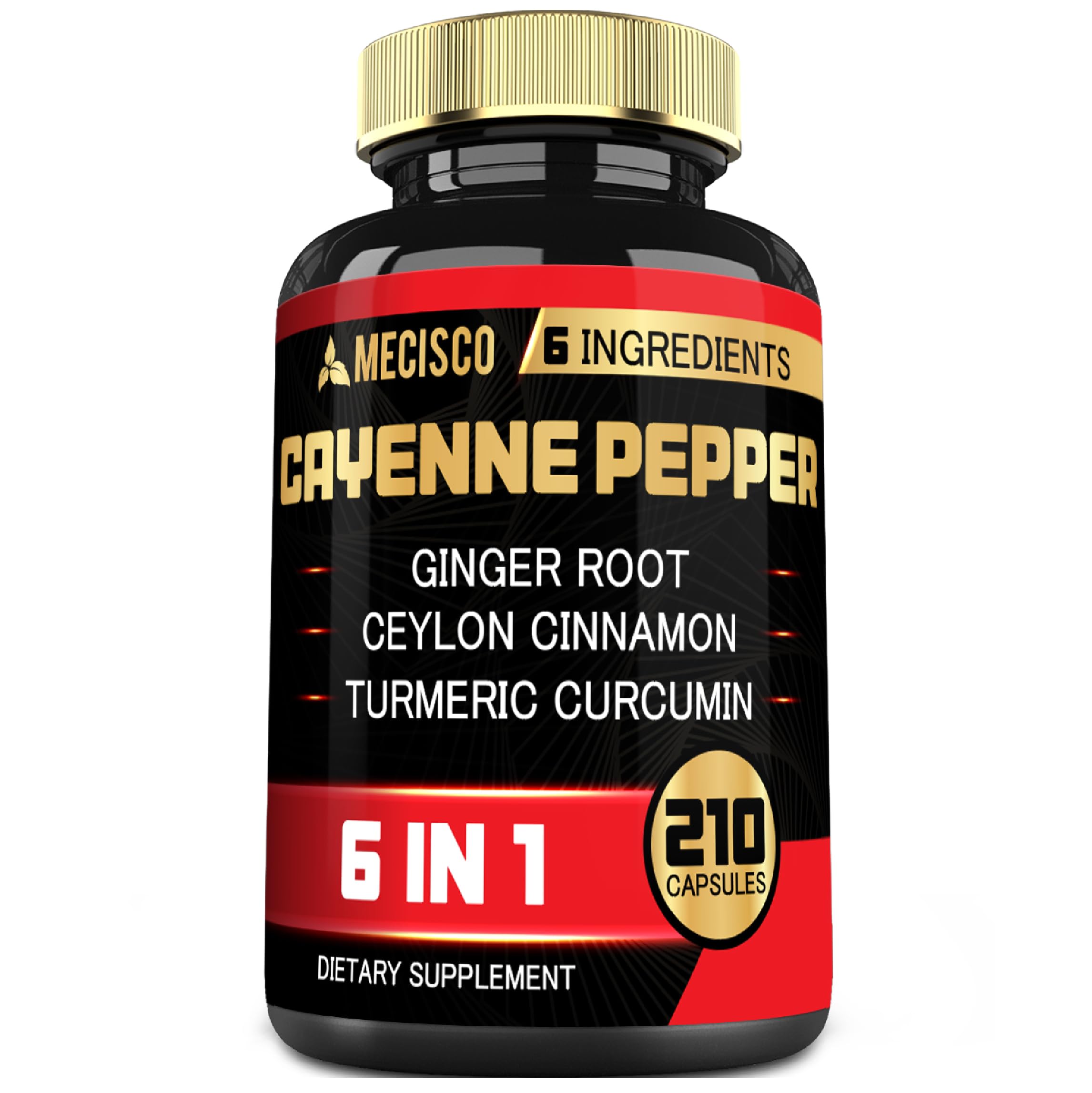 6-in-1 Cayenne Pepper Extract Capsules with Organic Turmeric Curcumin, Black Pepper & Ginger - Supports Digestion, Heart Health, Immunity & Joint Function - 210 Vegan Capsules - Perfect for Daily Wellness & Active Lifestyle