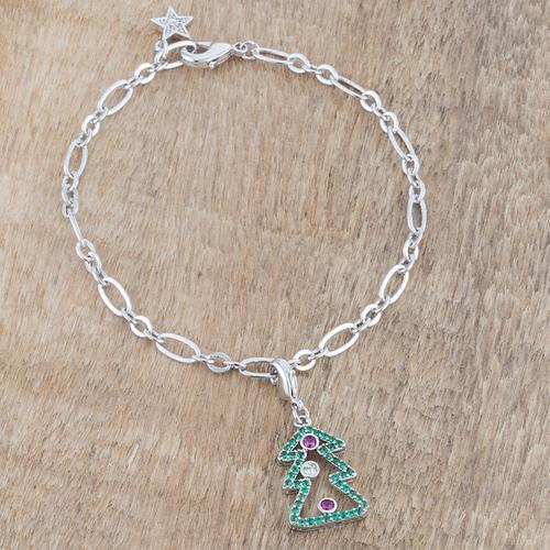 0.35ct CZ Christmas Tree Charm Bracelet in Rhodium - Elegant Holiday Jewelry Gift for Women, Perfect for Christmas Parties & Festive Celebrations