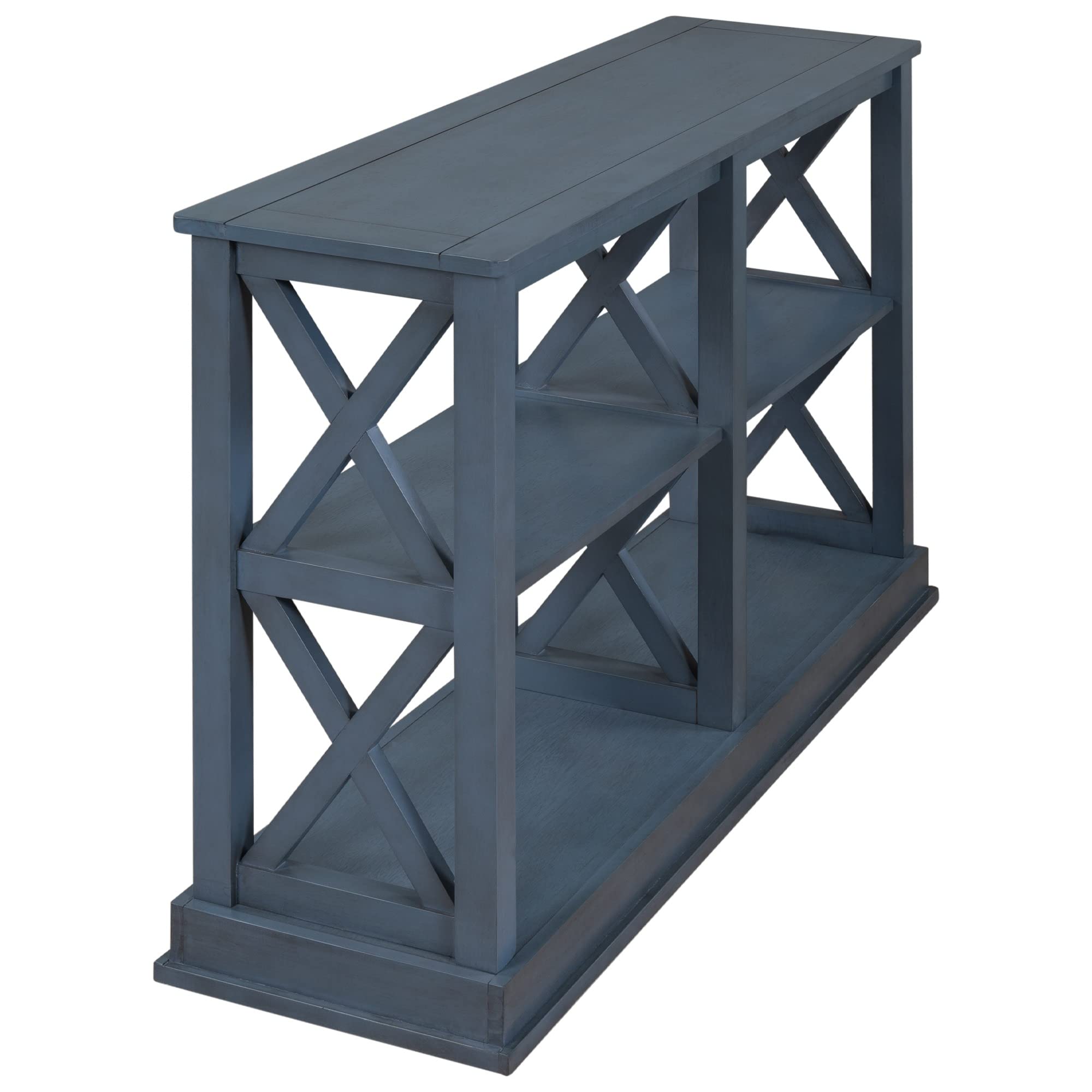 TREXM Modern Narrow Console Table with 3-Tier Open Storage & X-Shaped Legs - Sofa Table for Living Room, Entryway, Hallway - Space Saving Design for Small Apartments (Navy Blue)