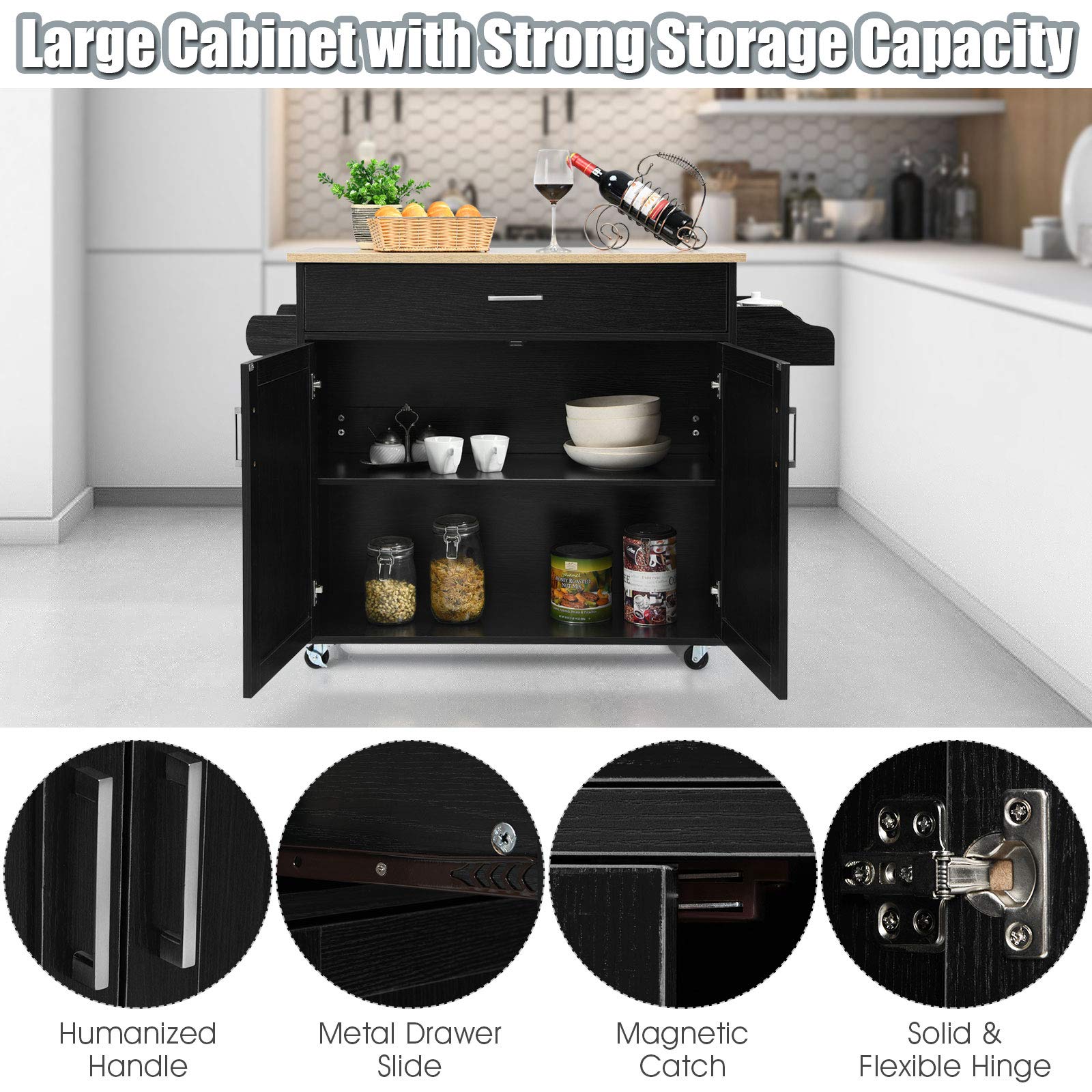 Giantex Kitchen Island Cart with Spice Rack & Towel Holder, Large Drawer & 2-Door Storage Cabinet, Lockable Wheels, Wooden Kitchen Trolley for Home & Restaurant Use - Perfect for Small Spaces, Meal Prep & Extra Counter Space (Black)