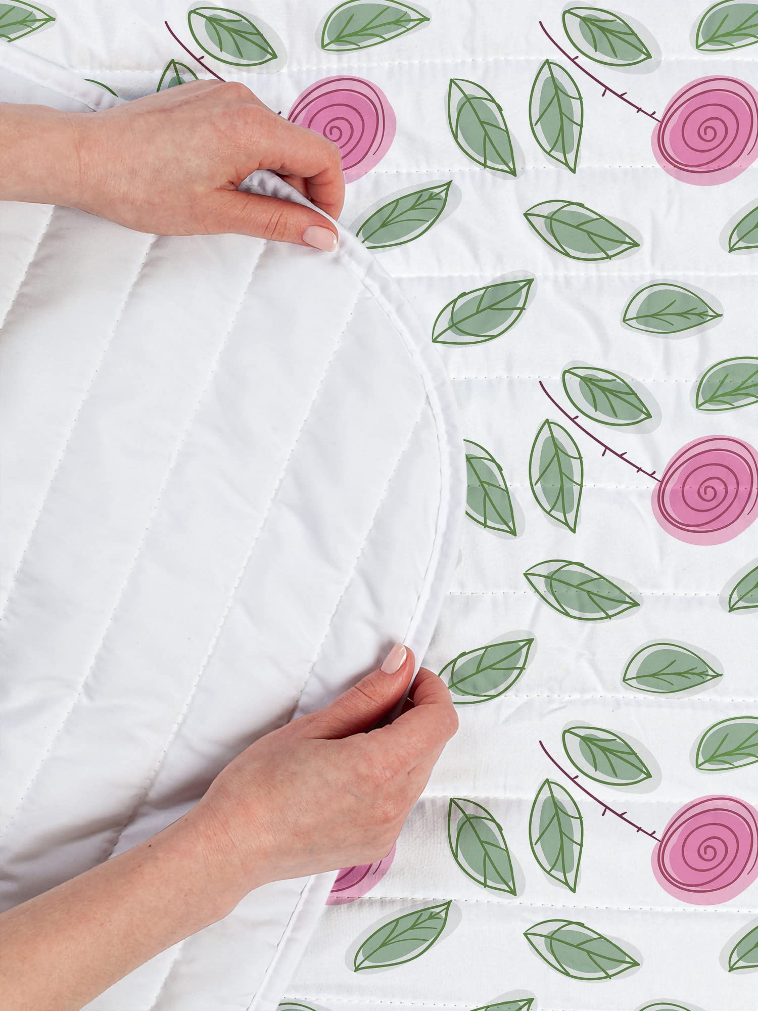 Ambesonne Rose Microfiber Bedspread Set - Modern Pink Rose Blossom with Spiral Design & Green Leaves - Soft Twin Size Bedding Set with Pillow Sham & Comforter in Pink, Reseda Green & White - Perfect for Bedroom Decor, Guest Room & Cozy Home Styling