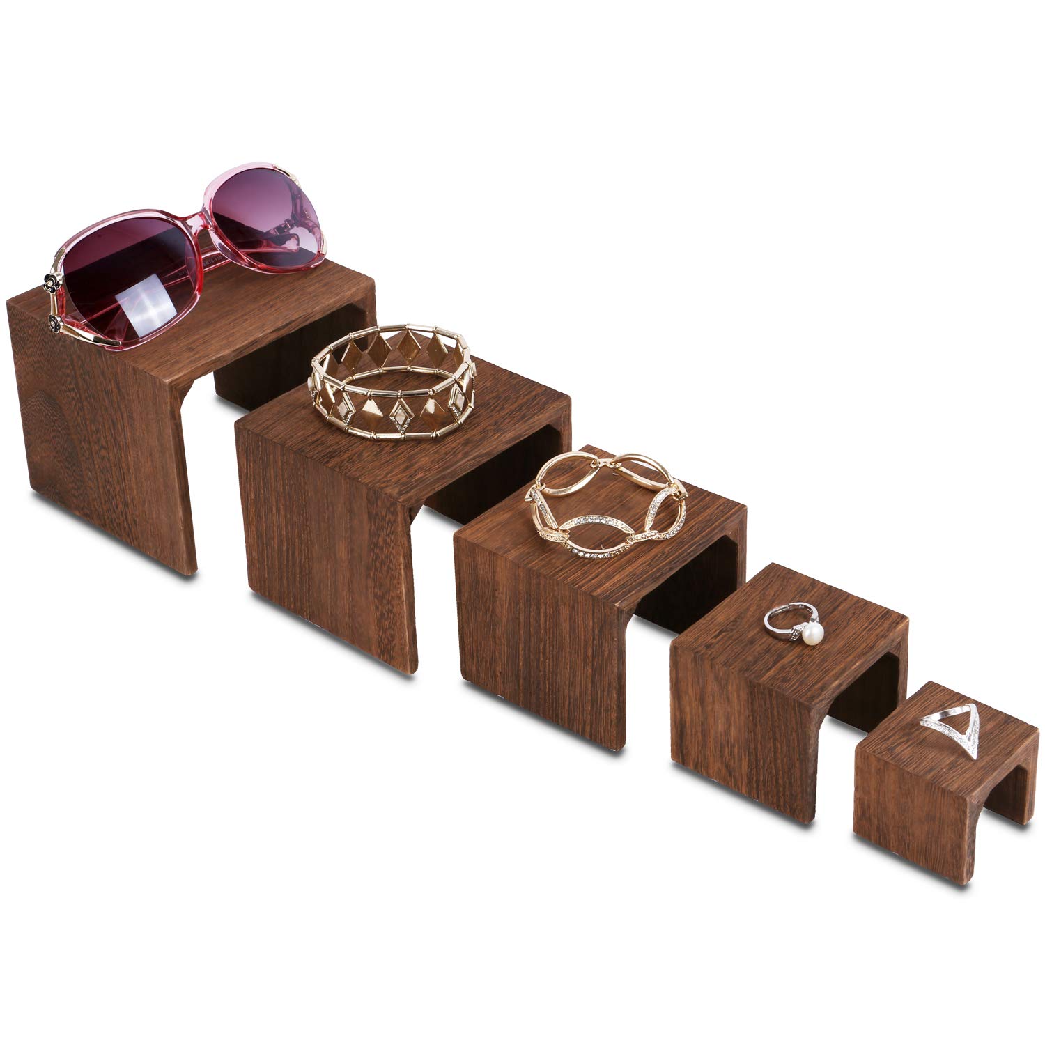 MOOCA 5-Piece Wooden Jewelry Display Stand Set - Adjustable Height Retail Riser for Rings, Watches, Necklaces & Bracelets - Natural Brown Wooden Organizer for Boutique, Trade Shows & Home Storage