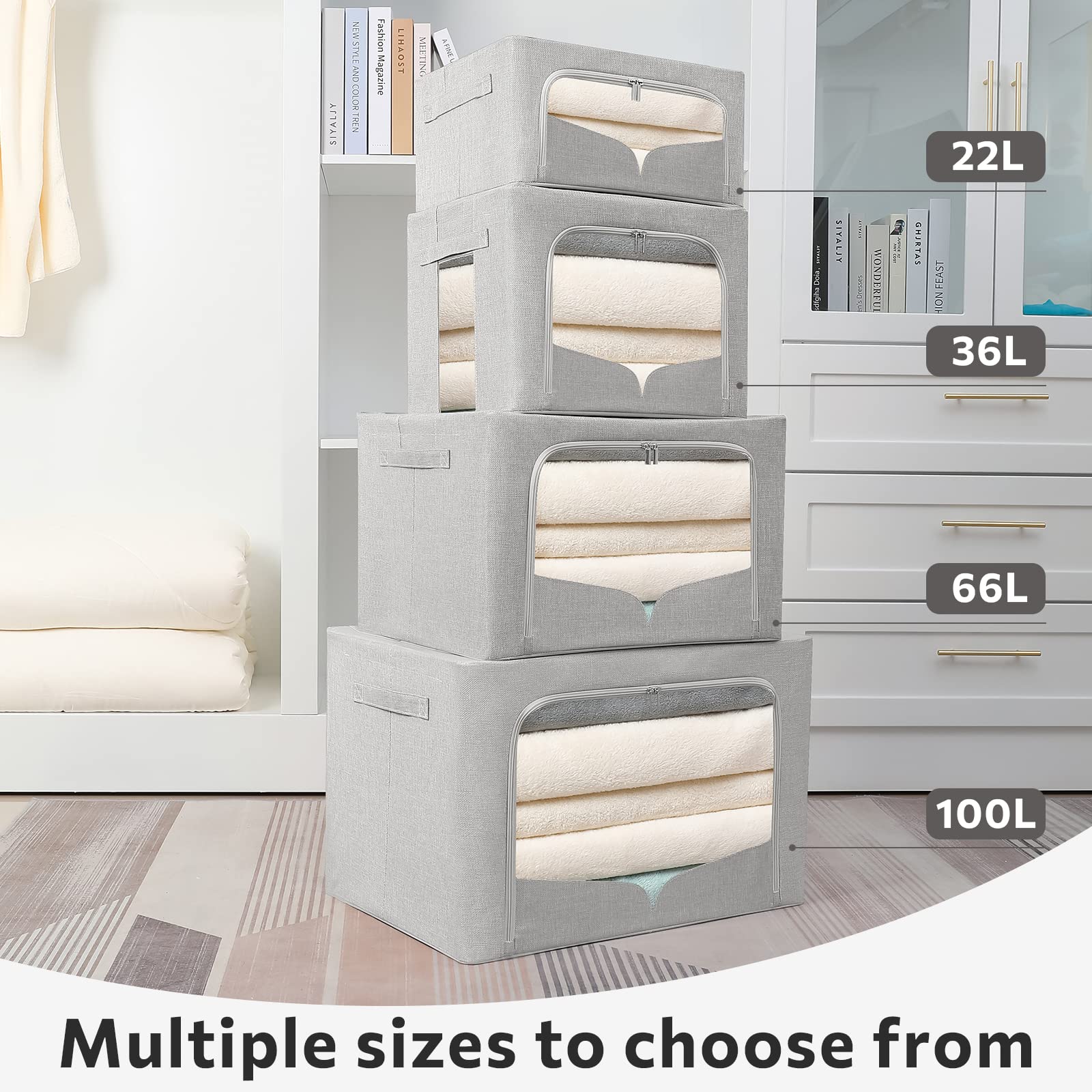 3 Pack Foldable Metal Frame Storage Bins with Clear Window & Handles - Stackable Linen Fabric Organizer Box for Clothes, Toys, or Home Organization (Light Gray, 15.7x11.8x7.8 Inches, 22L) - Perfect for Closet, Nursery, or Office Storage