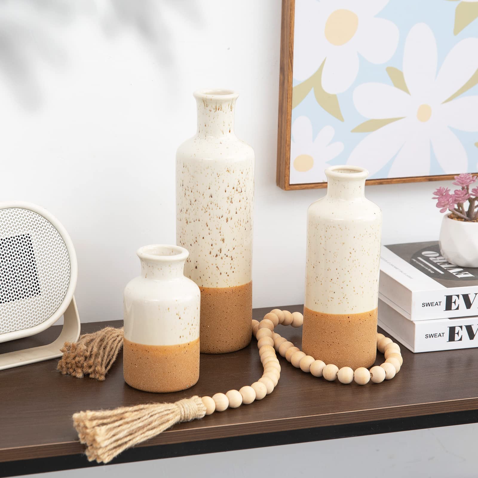 Boho Ceramic Vase Set - 3pcs White & Brown Table Decor for Living Room