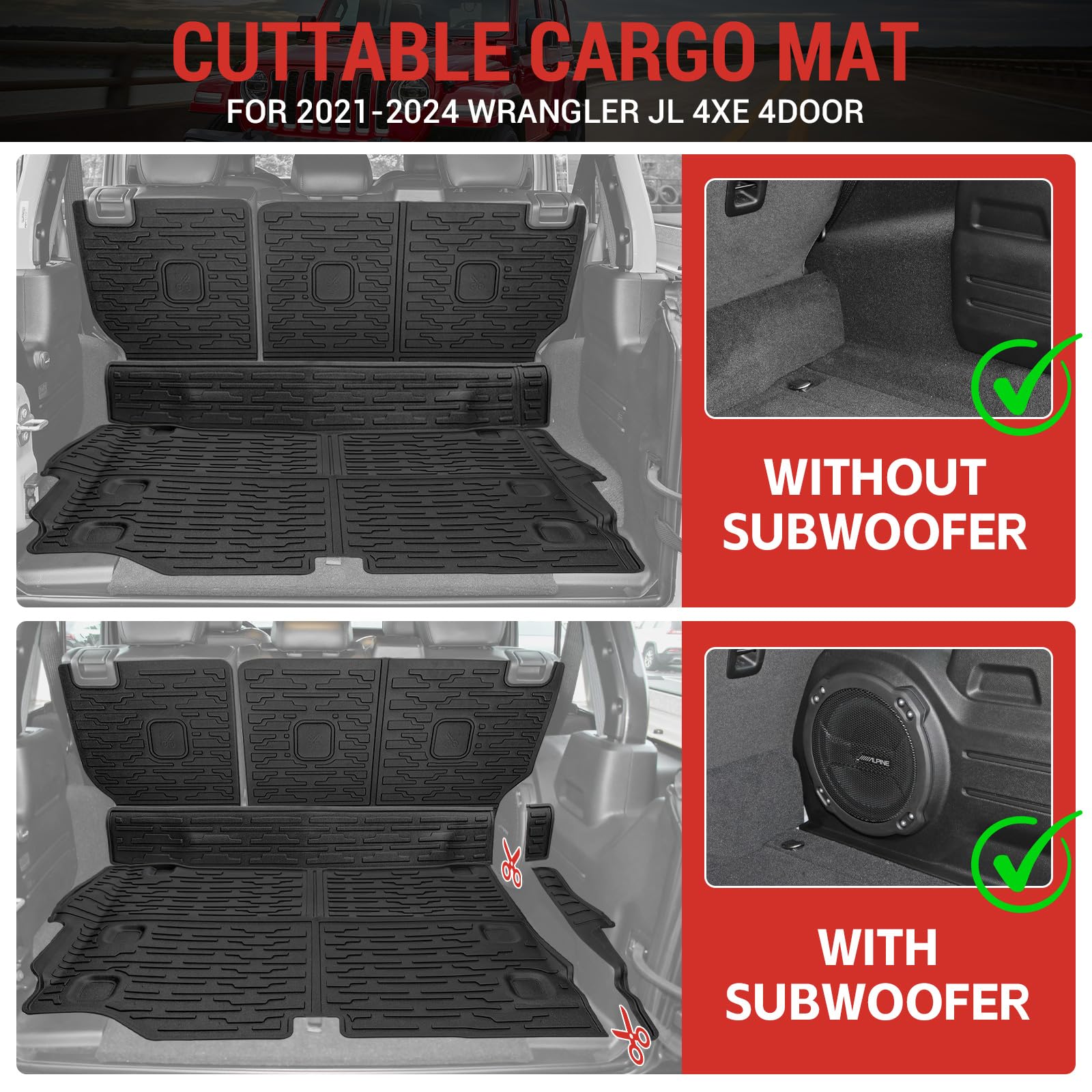 2021-2024 Jeep Wrangler JL 4 Door Unlimited 4XE Cargo Mat with Seat Back Cover - Heavy Duty TPE Trunk Liner & Backrest Protector for Jeep Wrangler JL/JLU Accessories - Perfect for Road Trips, Camping & Outdoor Adventures