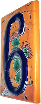 Hand-Painted Desert Talavera Ceramic House Number 6 - Vibrant Mexican Style Address Plaque for Front Door, Garden, or Mailbox Decoration