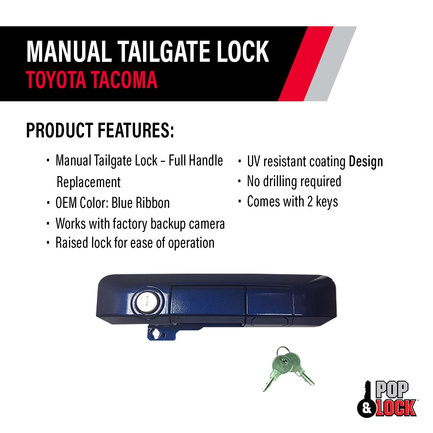 Pop & Lock PL5512 Blue Ribbon Metallic Manual Tailgate Lock for Toyota Tacoma (2005-2023) - Heavy Duty Truck Bed Security - Prevent Theft for Tools & Equipment