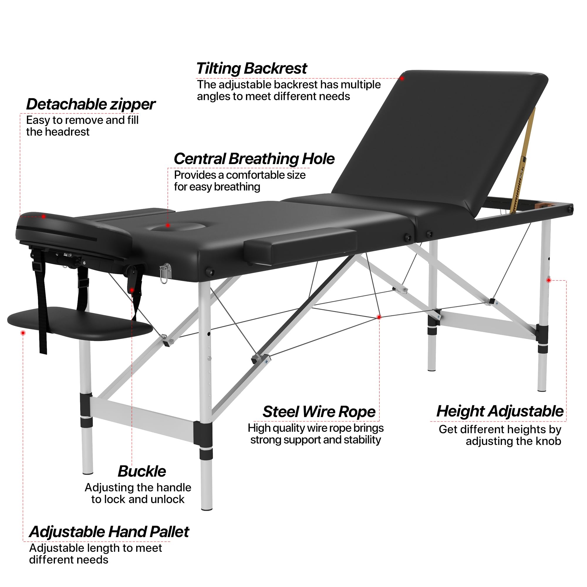 Portable 3-Section Foldable Massage Table - Adjustable Height Tattoo & Lash Spa Bed with Face Cradle | Lightweight Aluminum Frame Salon Bed for Home & Professional Use | Perfect for Massage Therapists, Tattoo Artists & Beauty Salons