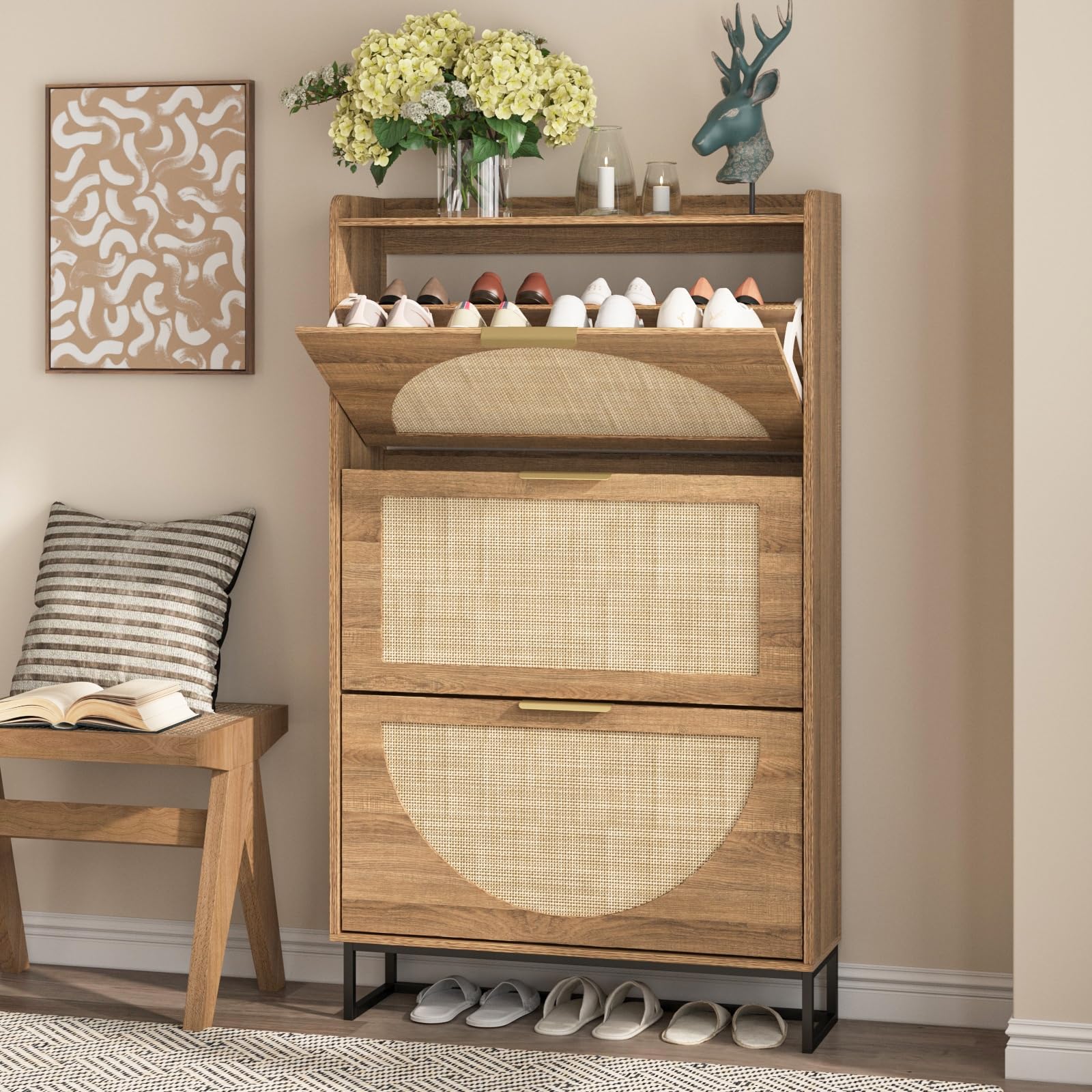 Maupvit 3-Tier Rattan Shoe Storage Cabinet with Flip Drawers - Freestanding Entryway Shoe Organizer with Metal Legs & Hidden Golden Handles - Rustic Oak Narrow Shoe Rack for Hallway, Bedroom, or Closet Organization