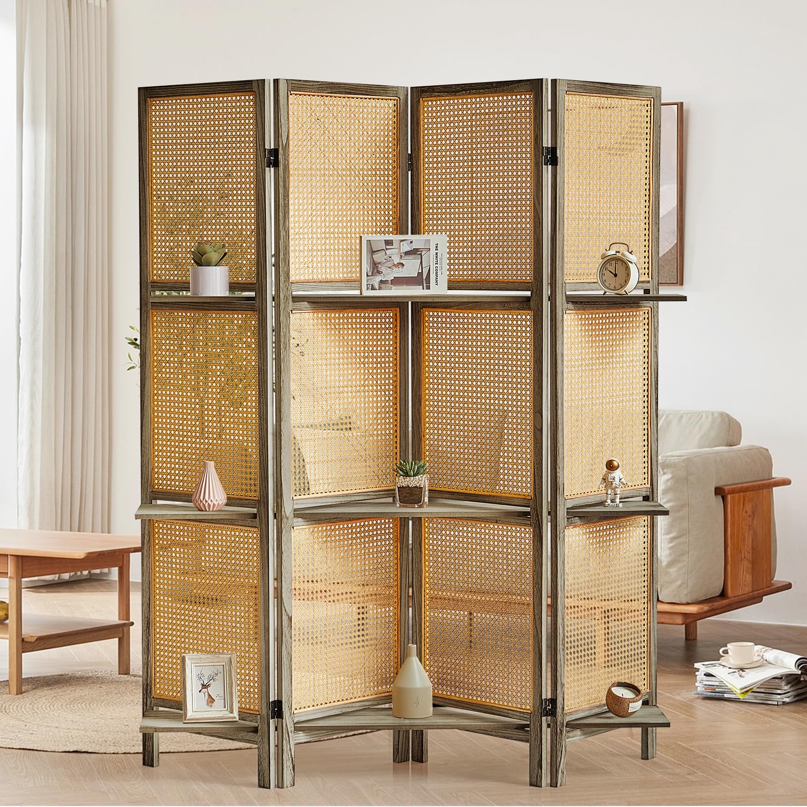 4 Panel Wooden Room Divider with Shelves - Foldable Rattan Privacy Screen, Portable Partition for Home & Office - Perfect for Room Separation, Dressing Room, Studio, or Event Decoration (Brown)