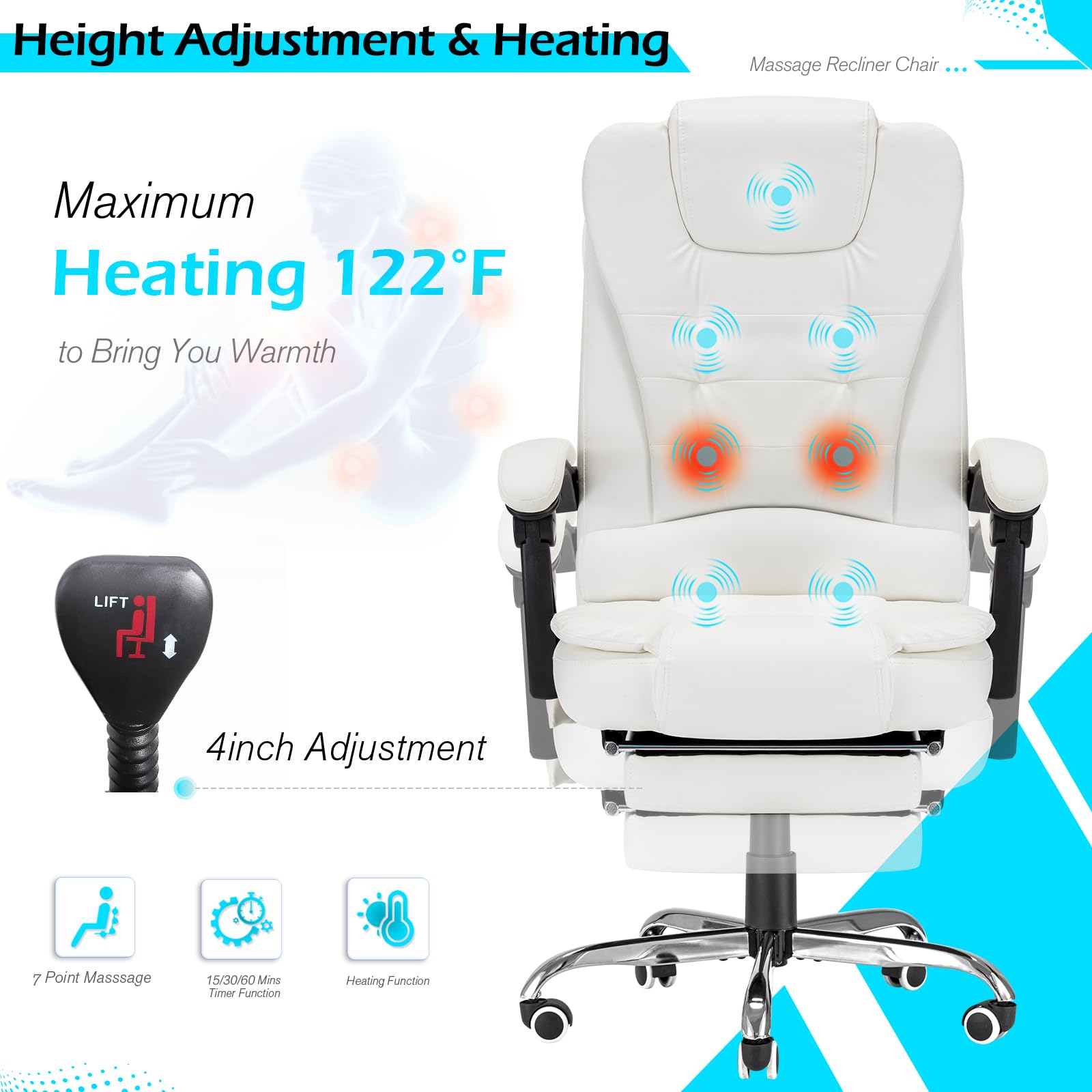 Premium Ergonomic Reclining Office Chair with 7 Massage Points & Heating Function - High Back Executive Desk Chair with Retractable Footrest - 360° Swivel Computer Chair for Home & Office (White) - Perfect for Long Work Hours, Gaming & Relaxation
