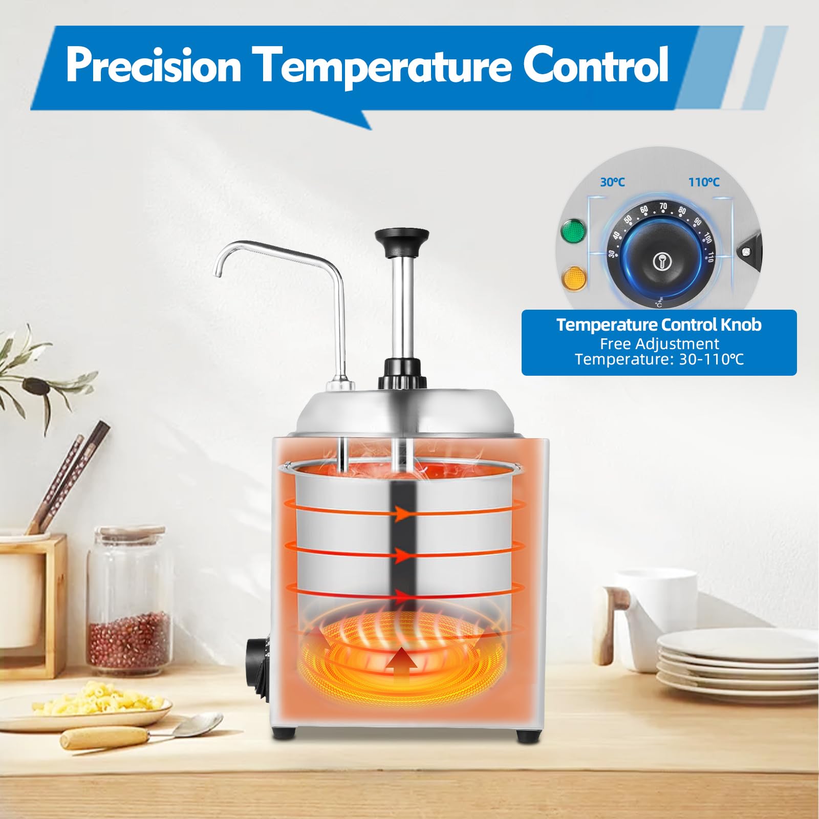 2.6Qt Stainless Steel Hot Melted Butter Dispenser Pump - Commercial Grade Restaurant Condiment Warmer for Cheese, Fudge, Caramel - Perfect for Topping, Baking & Food Service Stations