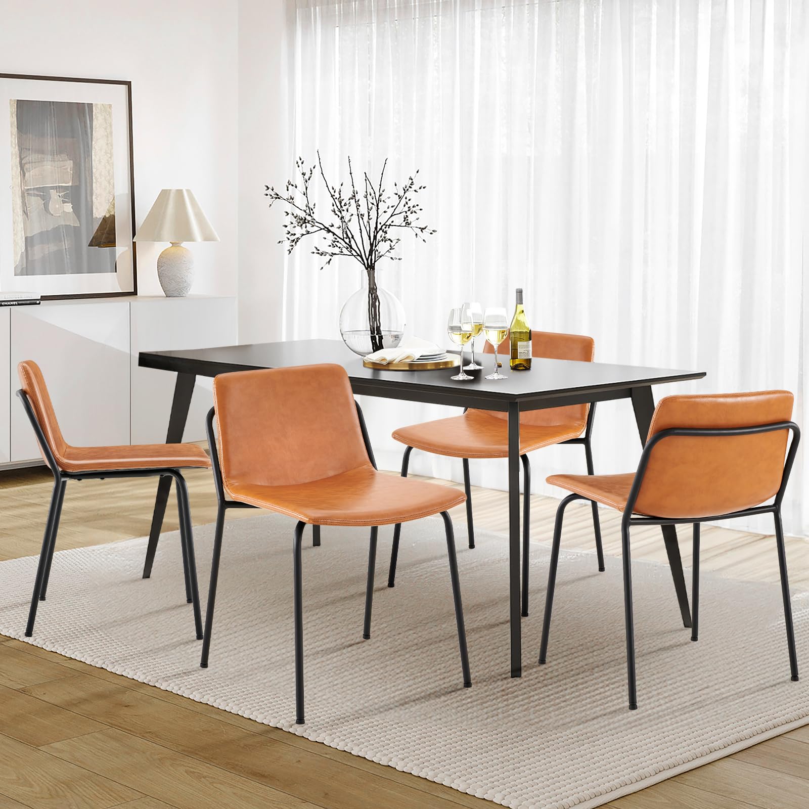COLAMY Set of 6 Light Brown Leather Dining Chairs with Metal Legs - Modern Kitchen & Dining Room Chairs for Home, Restaurant, and Cafe Use - Perfect for Family Gatherings & Entertaining Guests