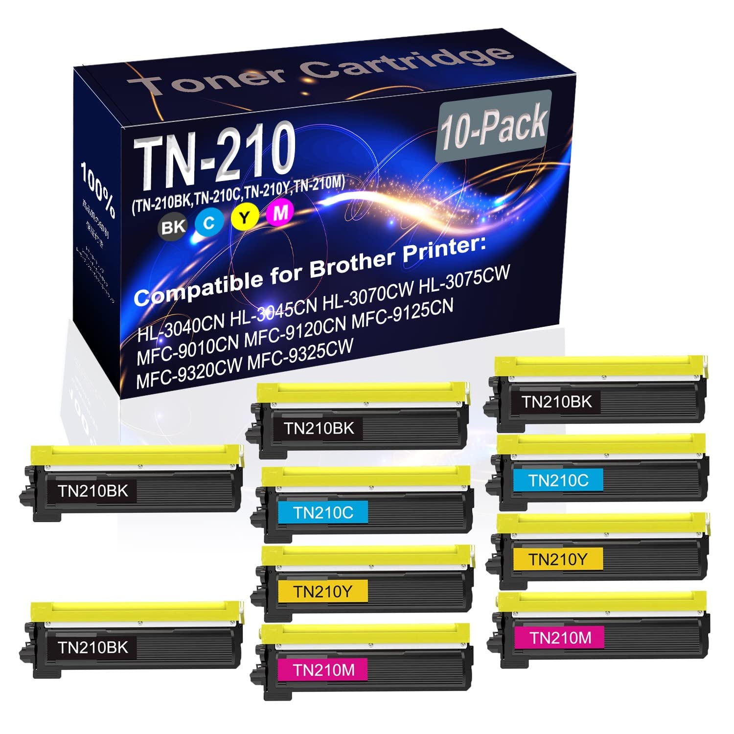 10-Pack (4BK+2C+2Y+2M) High Capacity Compatible HL-3040CN Laser Printer Toner Cartridge Replacement for Brother TN210/TN-210 Series (TN-210BK TN-210C TN-210Y TN-210M) - Ideal for Office & Home Printing Needs