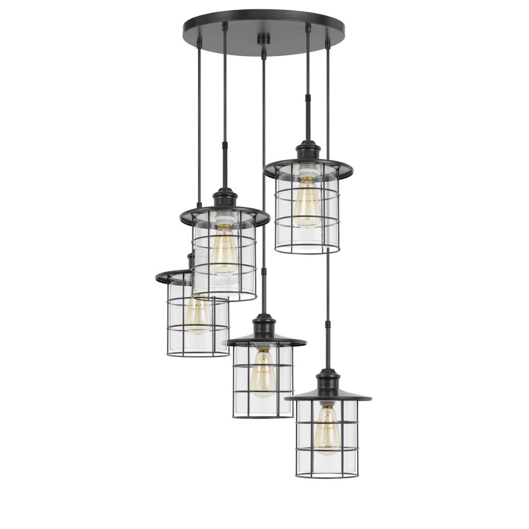 Cal Lighting 60W Silverton 5-Light Metal and Glass Pendant Light Fixture - Modern Dining Room & Kitchen Island Lighting for Home Decor