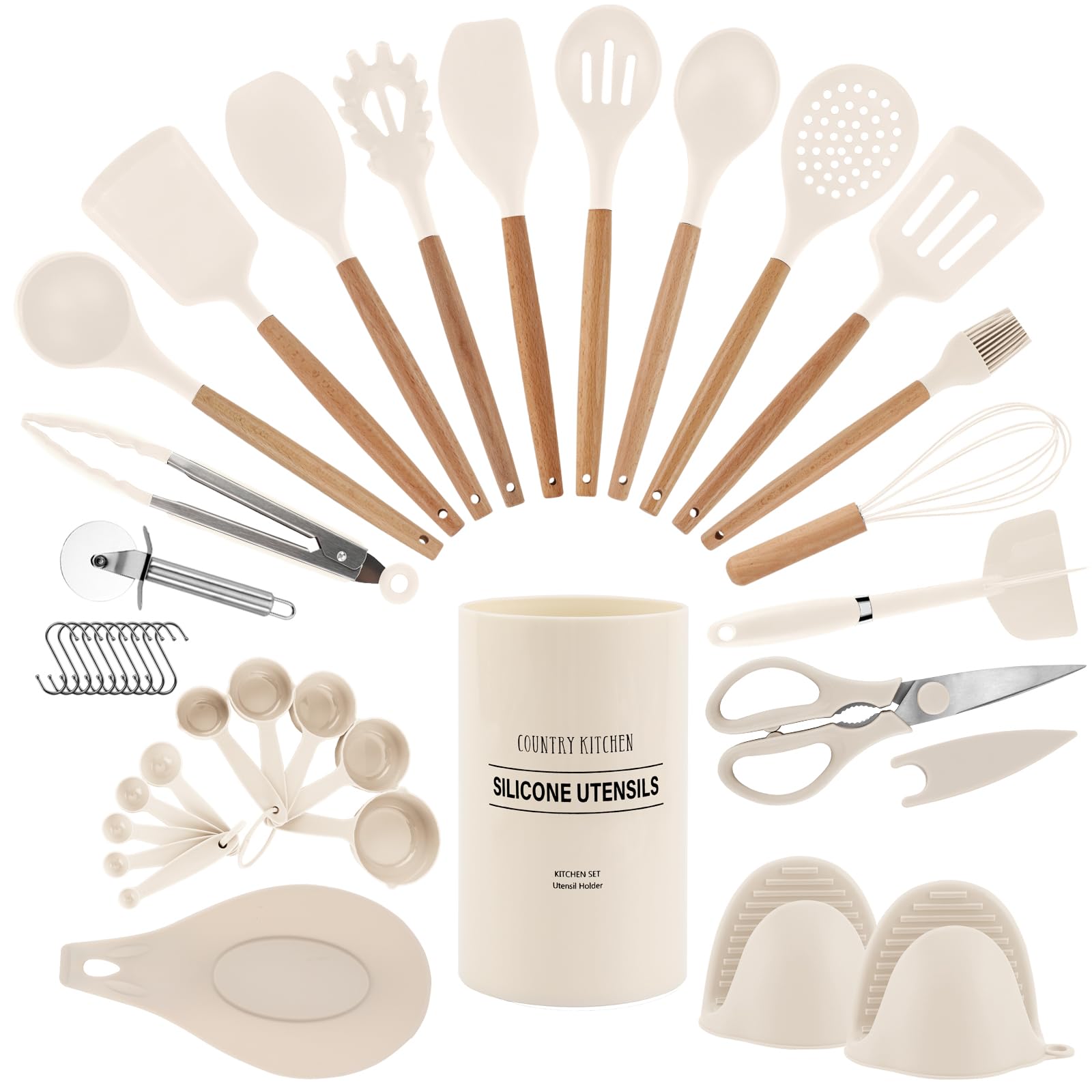 Non-Stick Silicone Cooking Utensil Set with Wooden Handles - 38-Piece Kitchen Tool Set for Baking, Frying & Stirring - Country Style Khaki Utensils for Home Chefs & Professional Cooks | Perfect for Everyday Cooking, Meal Prep & Gift Giving