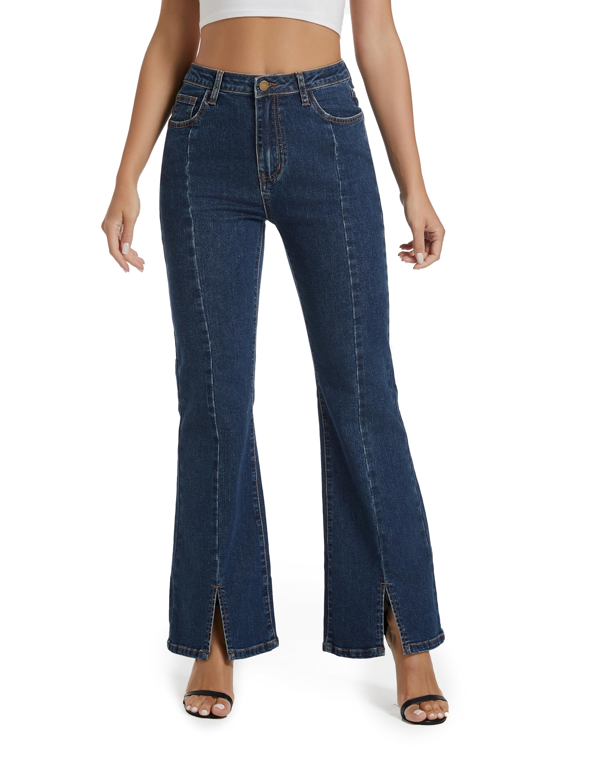 Flare Jeans for Women - High Waisted Stretchy Bootcut Bell Bottom Jeans with Split Hem | Trendy Wide Leg Denim Pants for Casual Outfits & Retro Style