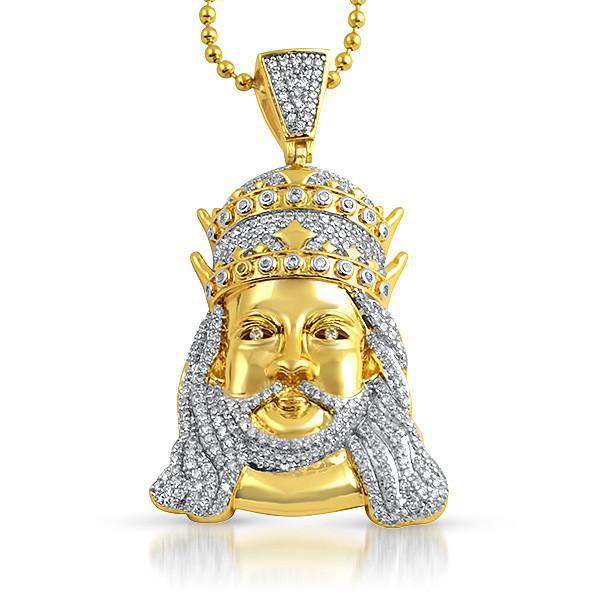14K Gold Double Crown Jesus Iced Out Pendant Necklace for Men - Religious Jewelry Gift for Baptism, Confirmation & Church Events