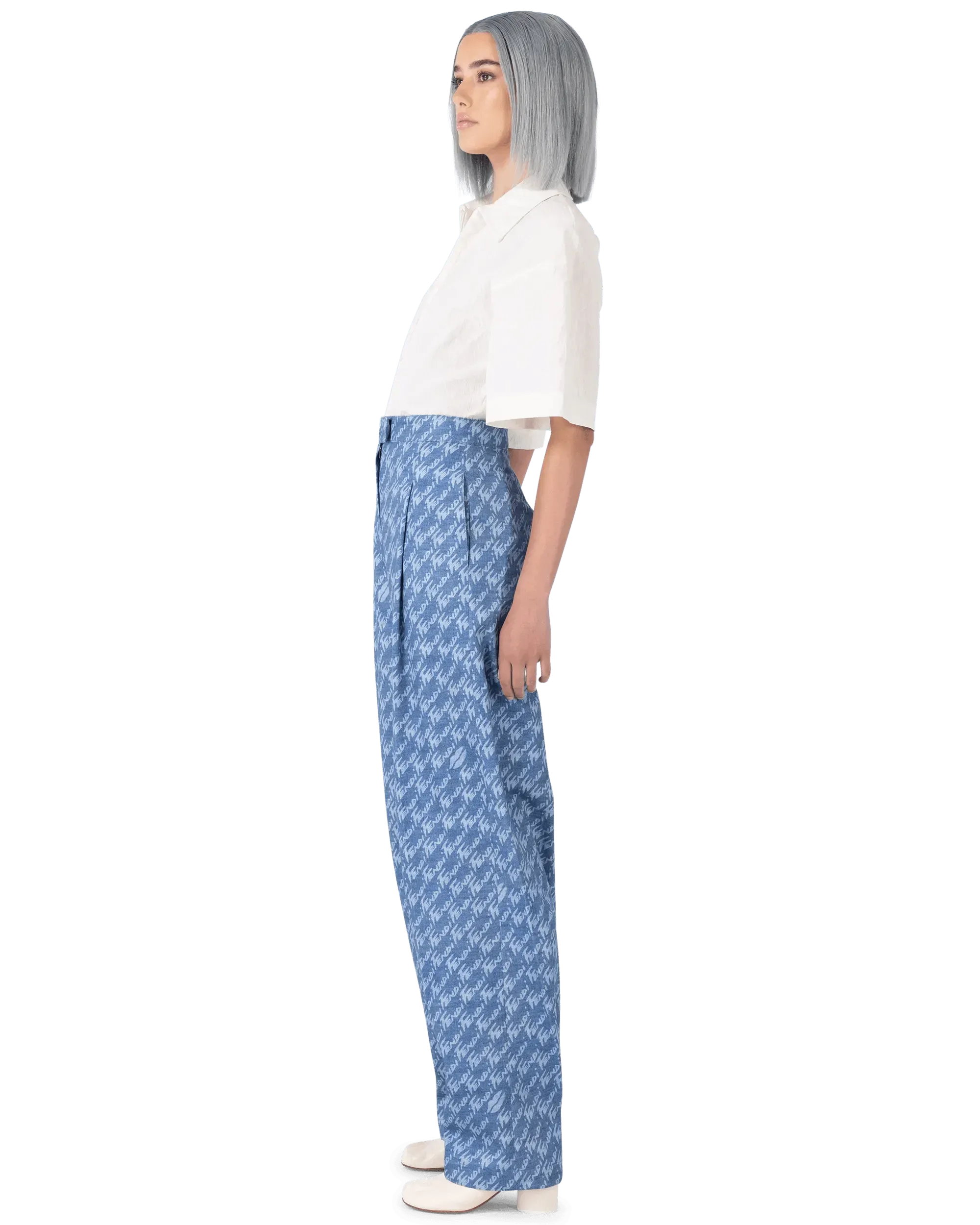 Fendi Women's High Waisted Denim Wide Leg Pants - Vintage Blue Distressed Jeans for Casual Outfits & Streetwear Fashion