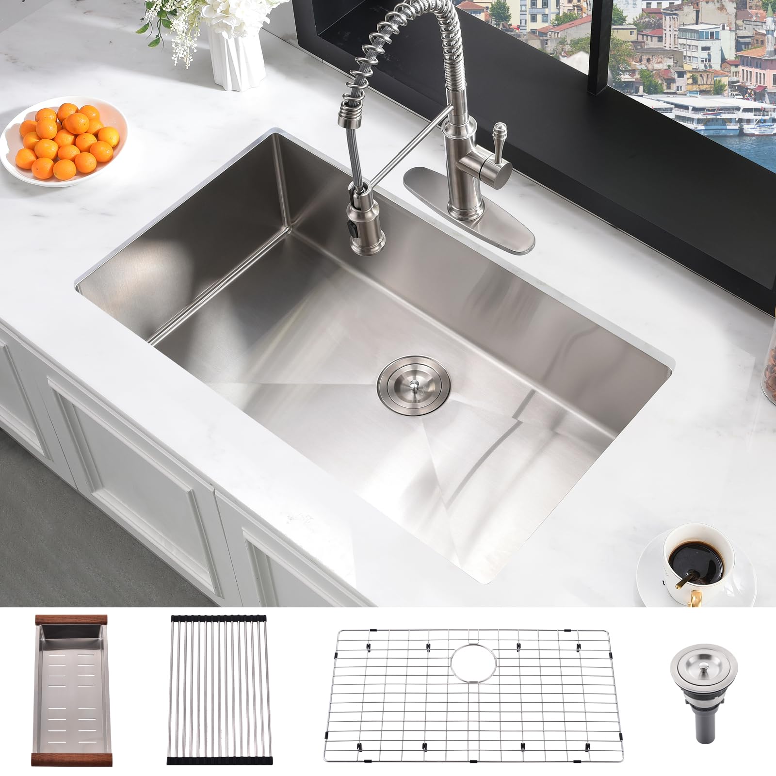 30×19 Inch Undermount Kitchen Sink - 16 Gauge Brushed Nickel 304 Stainless Steel - 10 Inch Deep Single Bowl Sink for Modern Kitchens | Perfect for Food Prep, Dishwashing & Small Space Cooking