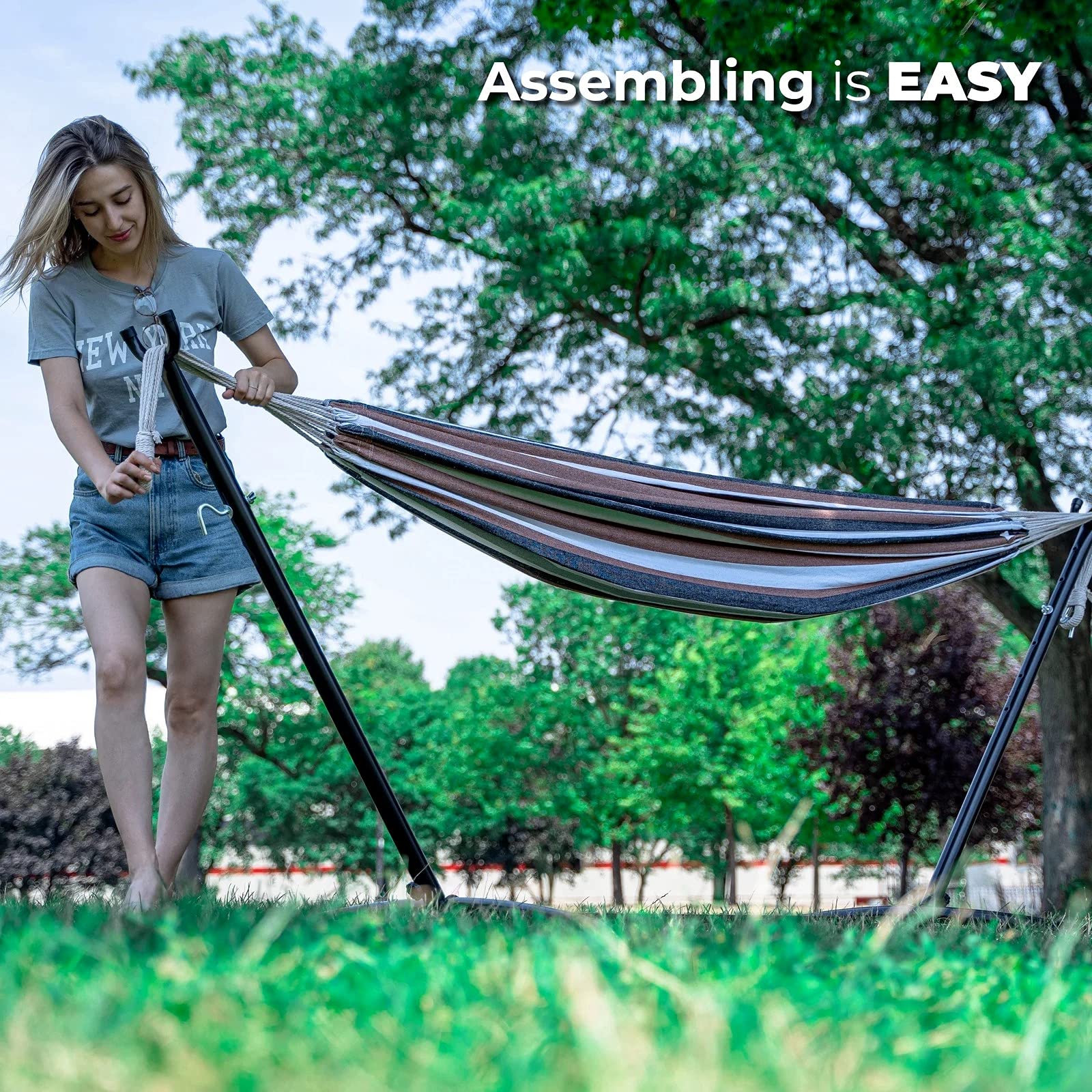 2 Person Heavy Duty Hammock Swing with Space-Saving Steel Stand - 250lb Capacity Adjustable Freestanding Hammock Bed for Outdoor, Garden, Yard, Patio - Includes Portable Carrying Bag | Perfect for Relaxation, Camping & Backyard Lounging