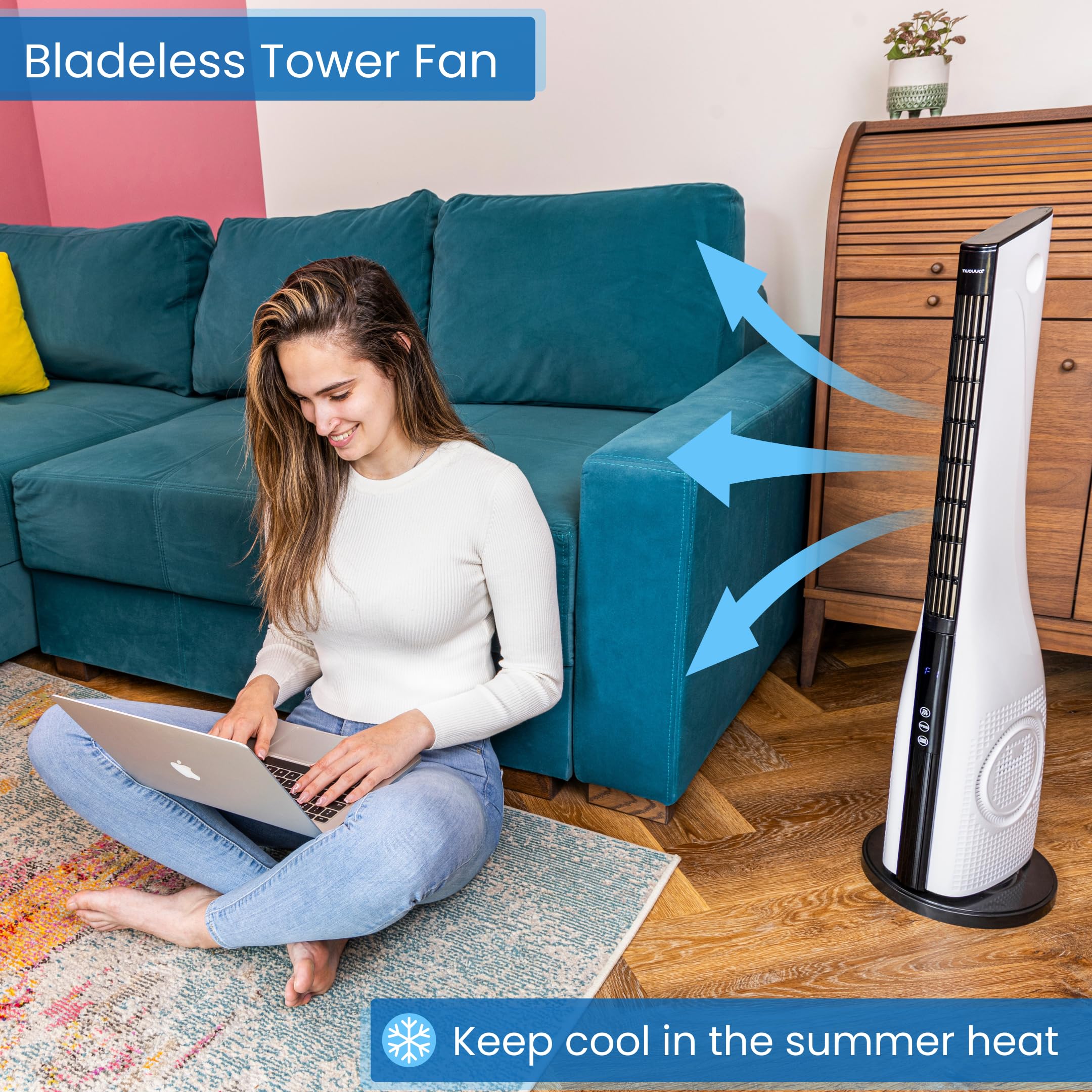 Nuovva Powerful Quiet Bladeless Tower Fan with Touch Screen Display - Energy Efficient Oscillating Fan with Remote Control - Perfect Cooling for Bedroom, Office & Living Room - Ultra Quiet Electric Fan for Home & Workspace
