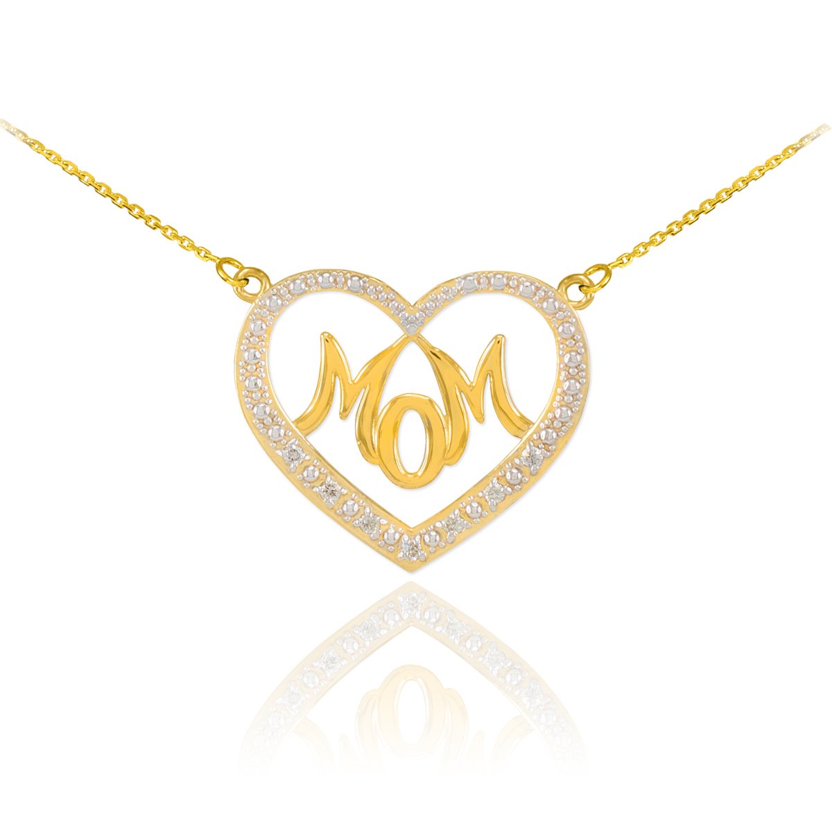 14K Yellow Gold Diamond Love Script Mom Charm Open Heart Necklace - Elegant Gift for Mother's Day, Birthday & Anniversary Jewelry