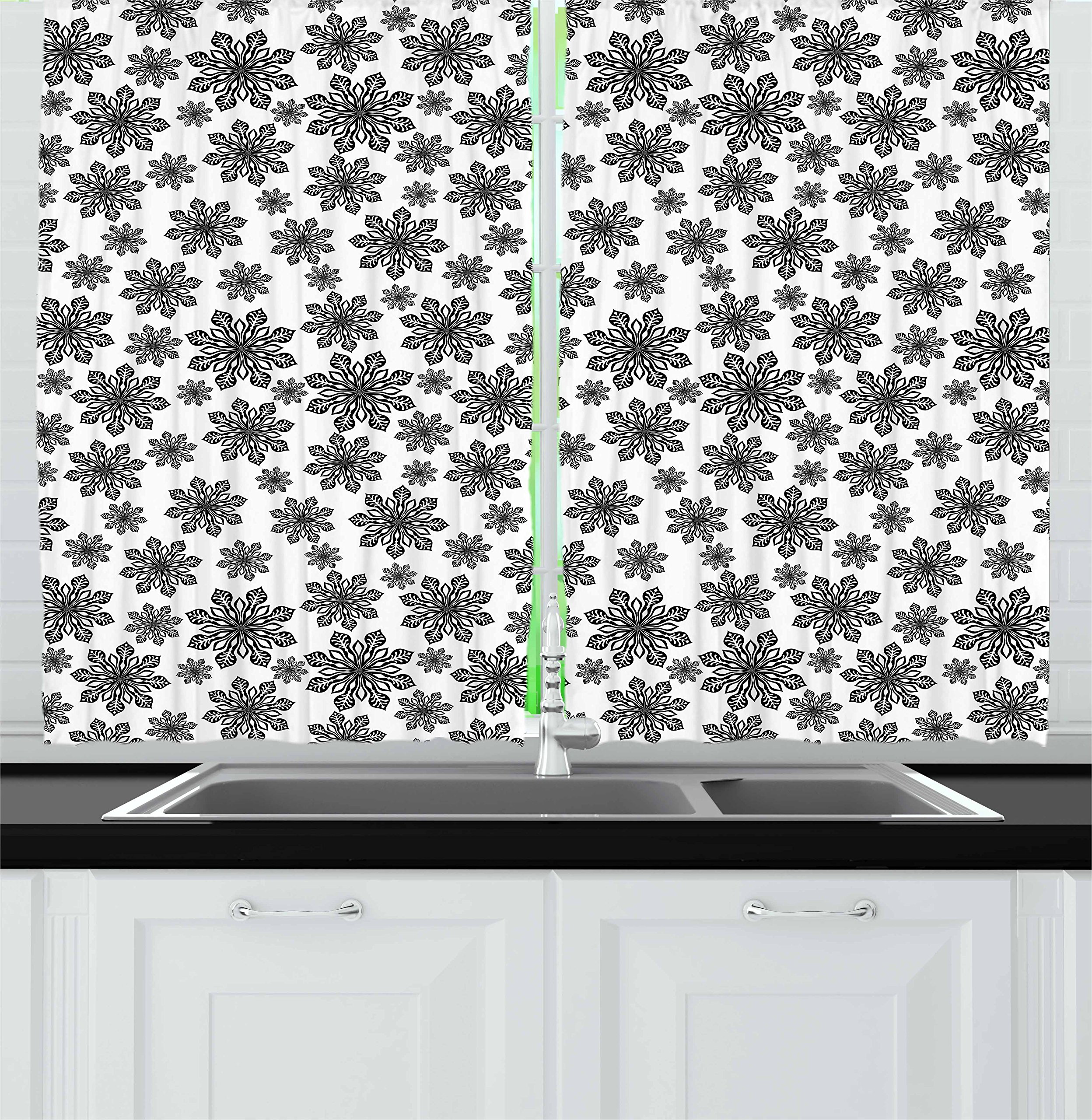 Ambesonne Snowflake Kitchen Curtains - Black & White Winter Snowflake Window Drapes, 2 Panel Set (55