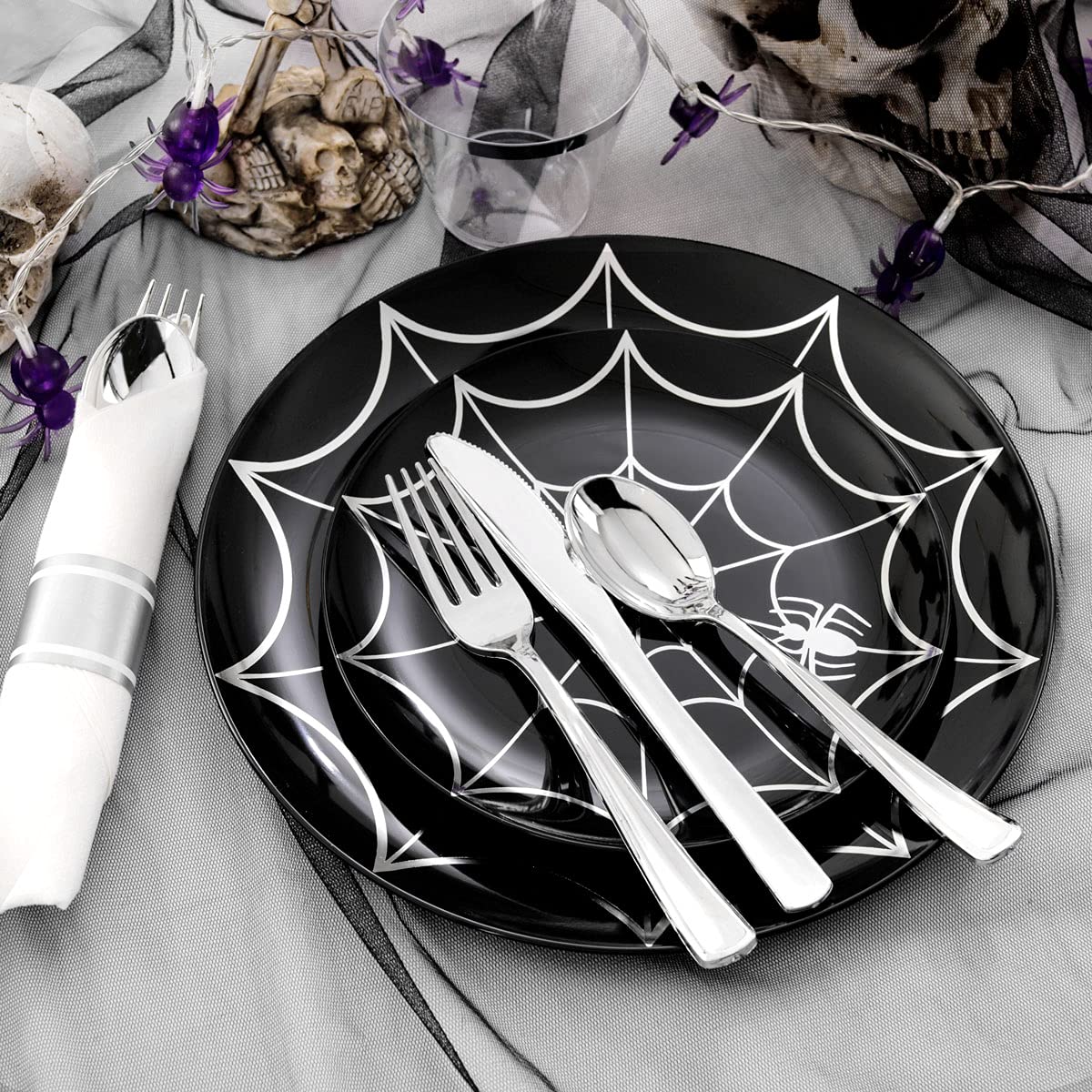 UCLA 30-Pack Halloween Party Plates with Spider Design - Black & Silver Plastic Disposable Dinnerware Set Includes Pre-Wrapped Silverware & Cups for Halloween Decorations, Themed Parties & Spooky Celebrations