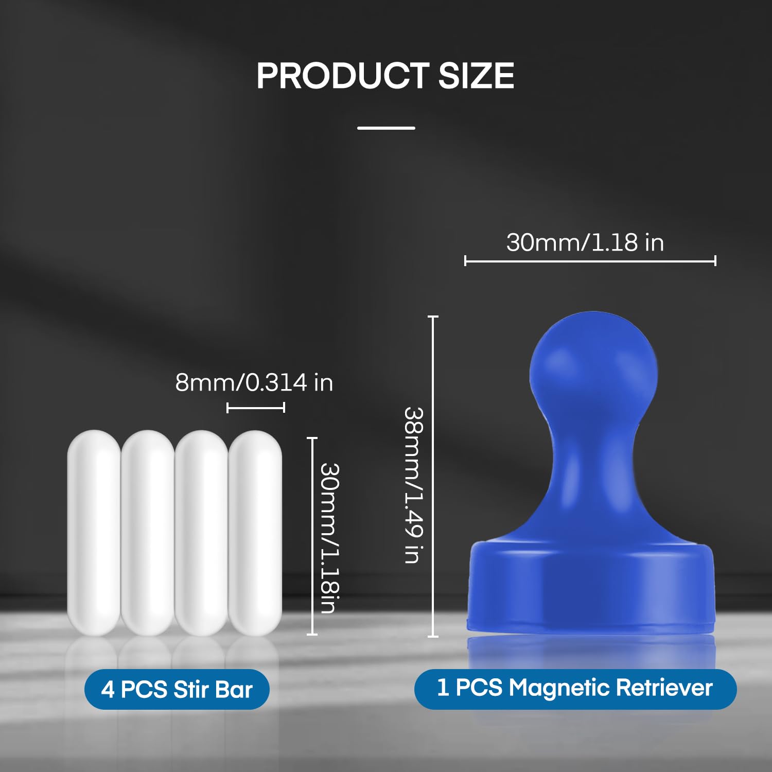 4 Pcs 30mm (1.8 Inch) PTFE Magnetic Stirrer Mixer Bars - Lab Stirring Rods with Blue Magnetic Retriever Tool for Chemistry Experiments & Scientific Research - Perfect for Laboratories, Schools & DIY Science Projects