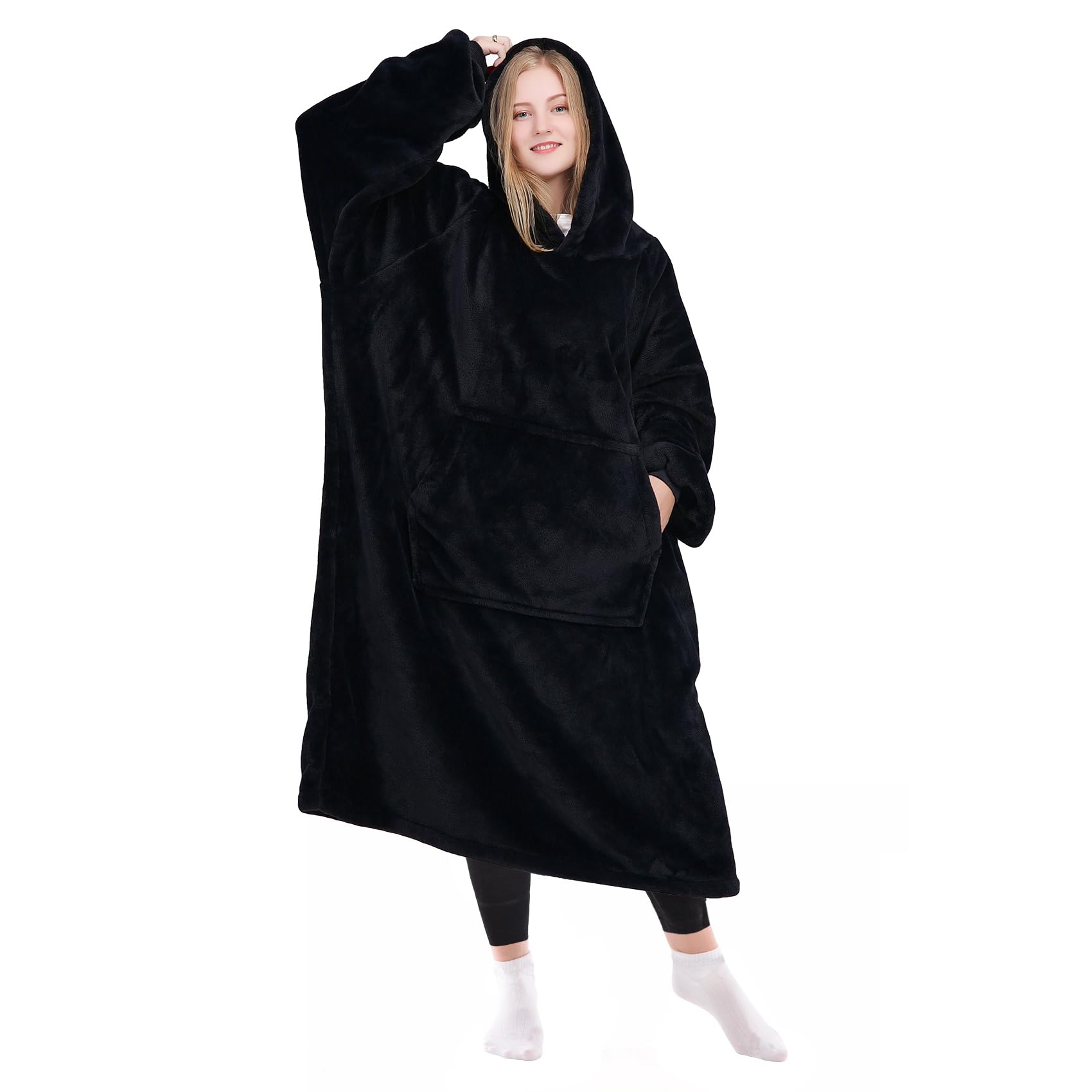 KPBLIS Wearable Blanket Hoodie for Women & Men - Oversized Fleece Hooded Sweatshirt with Sleeves & Pockets - Warm Cozy Giant Blanket Hoody for Adults & Kids - Perfect for Lounging, Camping & Cold Weather - Black