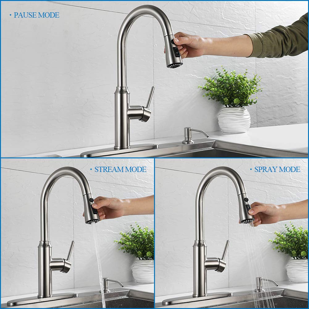 Arofa High Arc Pull Down Kitchen Faucet - Brushed Nickel Single Handle 1/3 Hole Stainless Steel Commercial Sink Faucet for Modern Home & Restaurant Use - Perfect for Washing Dishes, Filling Pots & Cleaning Vegetables