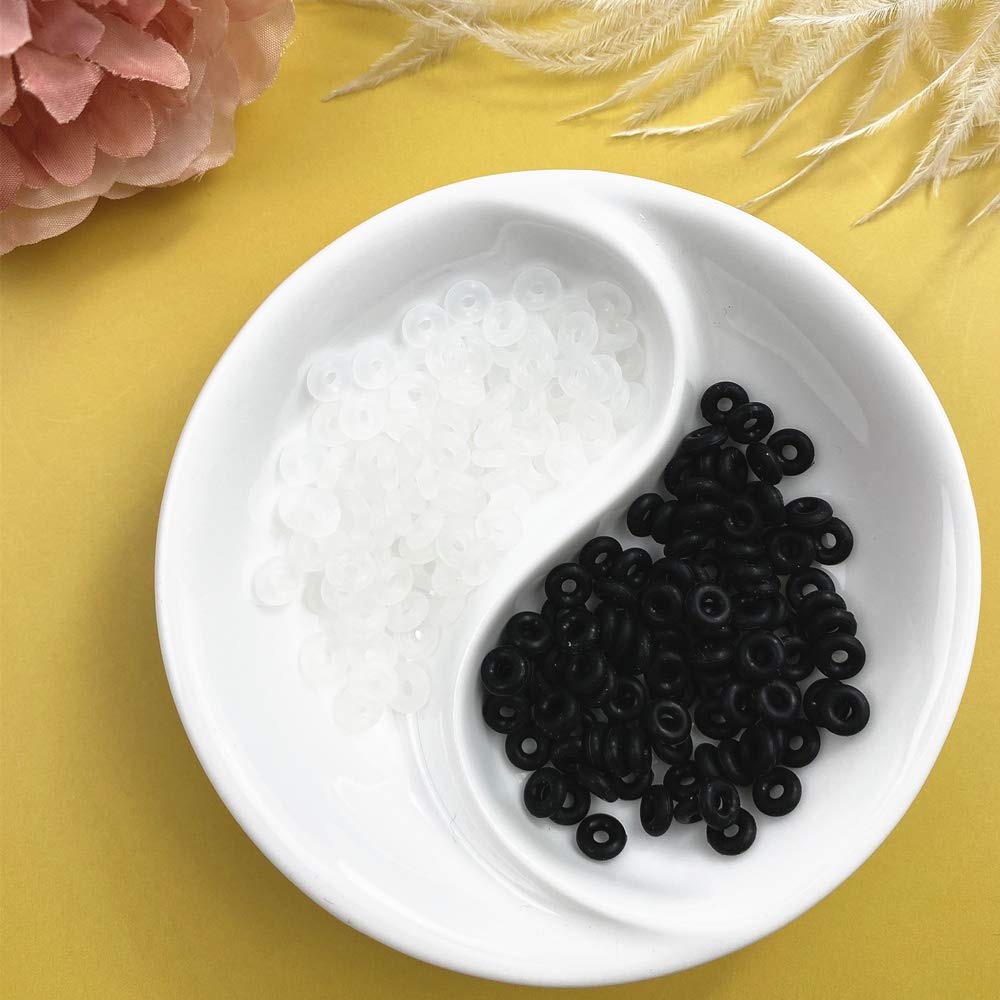 200Pcs Rubber Stopper O Rings 2mmx6mm - Anti-Skid Silicone Spacer Beads for DIY Jewelry Making, Bracelet & Necklace Accessories (Black, Transparent) - Perfect for Crafting, Repairing and Beading Projects