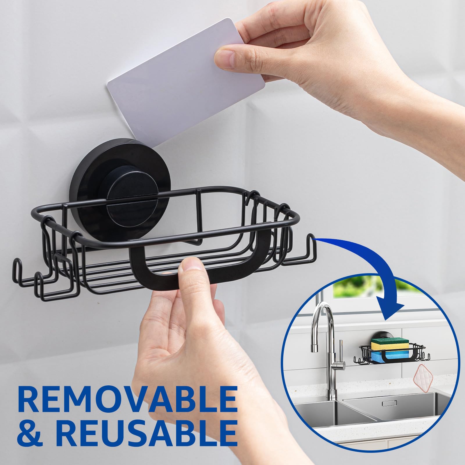Stainless Steel Soap Dish with Suction Cup & 4 Hooks - Rustproof Bar Soap Holder & Sponge Tray for Shower, Bathroom, Kitchen - No Drill Installation, Black - Perfect for Organizing Bath Essentials & Keeping Countertops Dry