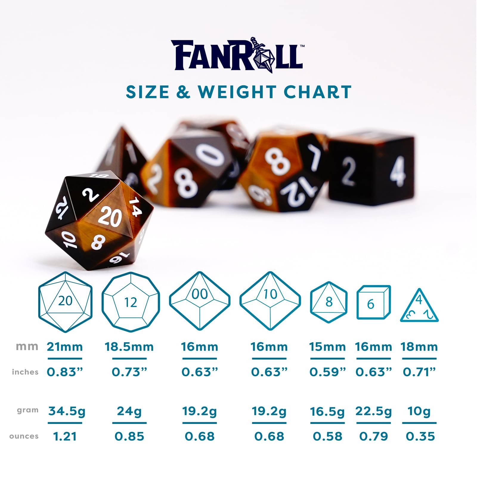 FanRoll 16mm Stone Polyhedral DND Dice Set - Handcrafted Tiger's Eye Gemstone Dice for Dungeons & Dragons RPG | Perfect for Tabletop Gaming, D&D Campaigns & Collector Displays