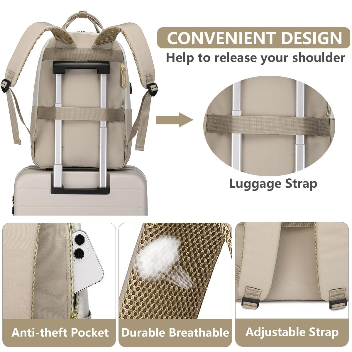 Women's 17 Inch Laptop Backpack with USB Charger - Waterproof Anti-Theft Work Bag for College, Business, Travel & Daily Commute - Perfect for Nurses, Teachers & Professionals (Beige/Khaki)
