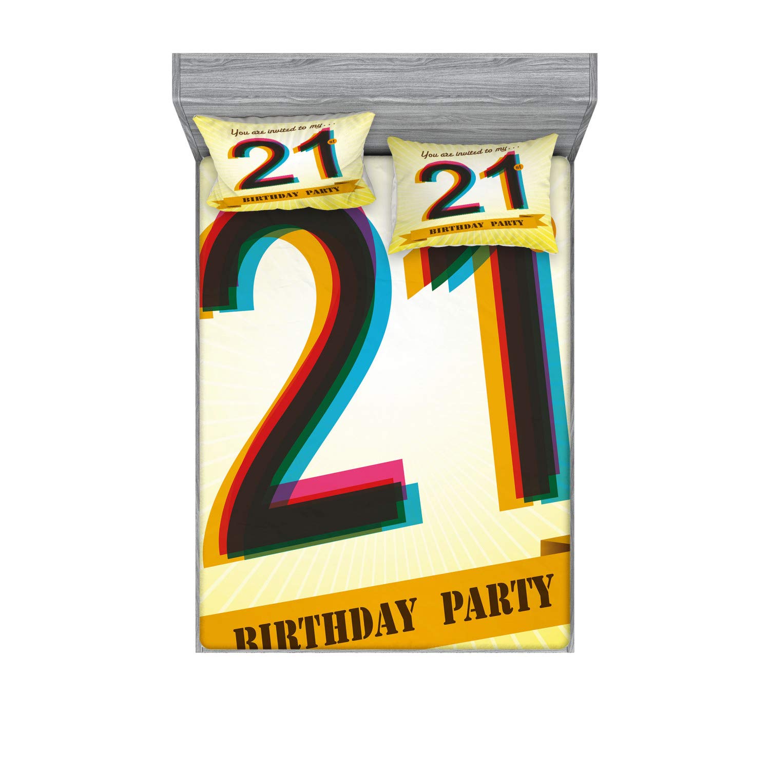 Ambesonne 21st Birthday Fitted Sheet & Pillow Sham Set - Yellow Radial Party Design 3-Piece King Size Bedding Decor | Perfect for Birthday Celebrations, Themed Parties & Home Decor