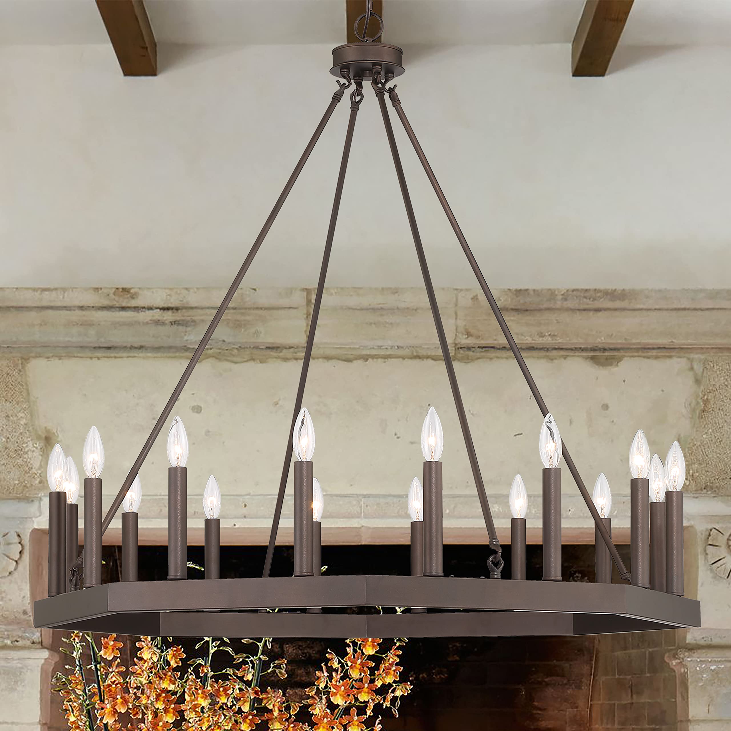 Vintage 16-Light Farmhouse Wagon Wheel Chandelier - Oil Rubbed Bronze Ceiling Light Fixture for Dining Room & Living Room | Rustic Modern Hanging Lighting with Candle-Style Bulbs | Perfect for Farmhouse, Industrial & Vintage Home Decor