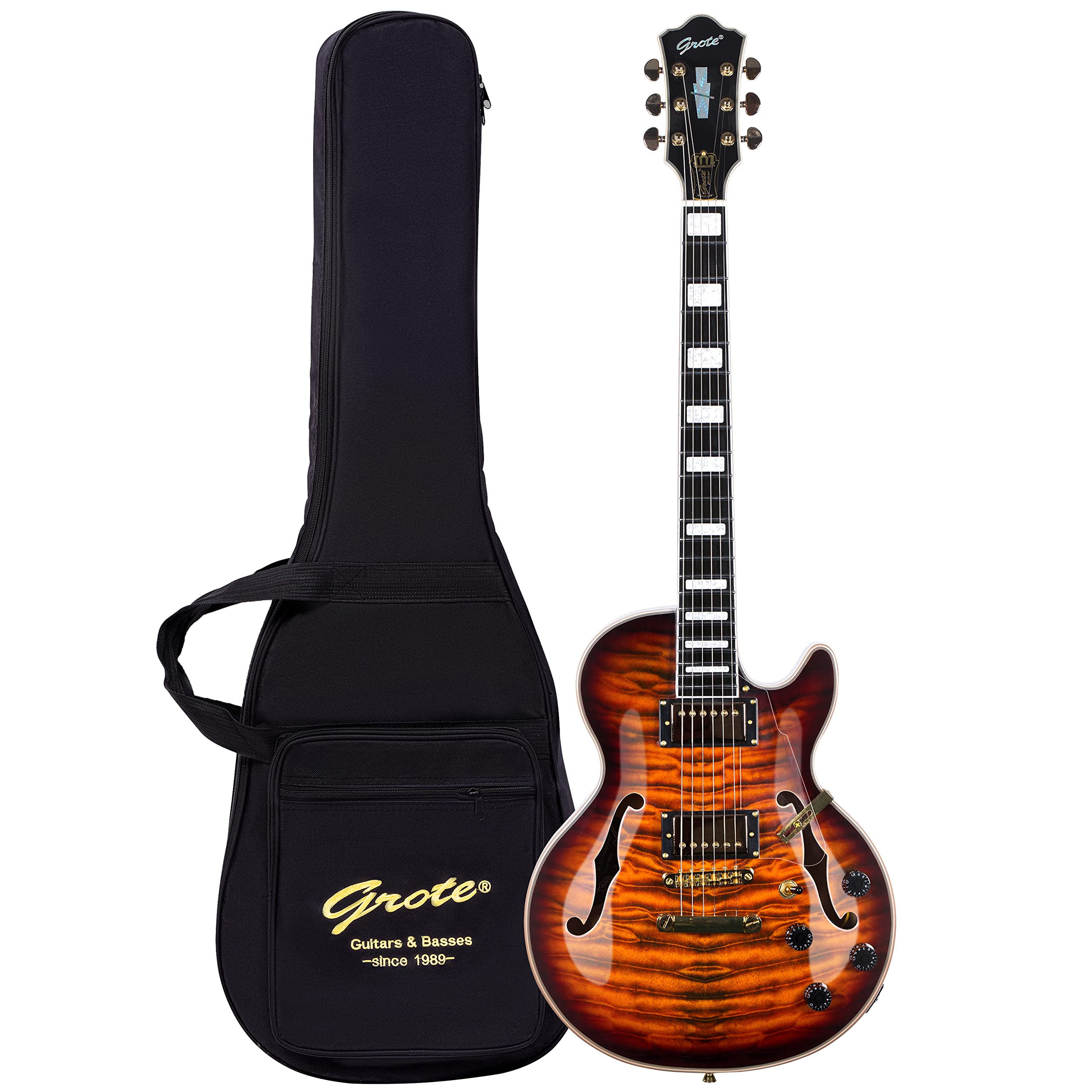 Grote LPF-001 Semi-Hollow Body Electric Guitar with Coil Splitting - Vintage Sunburst Finish & Gigbag Included | Perfect for Jazz, Blues & Rock Performances