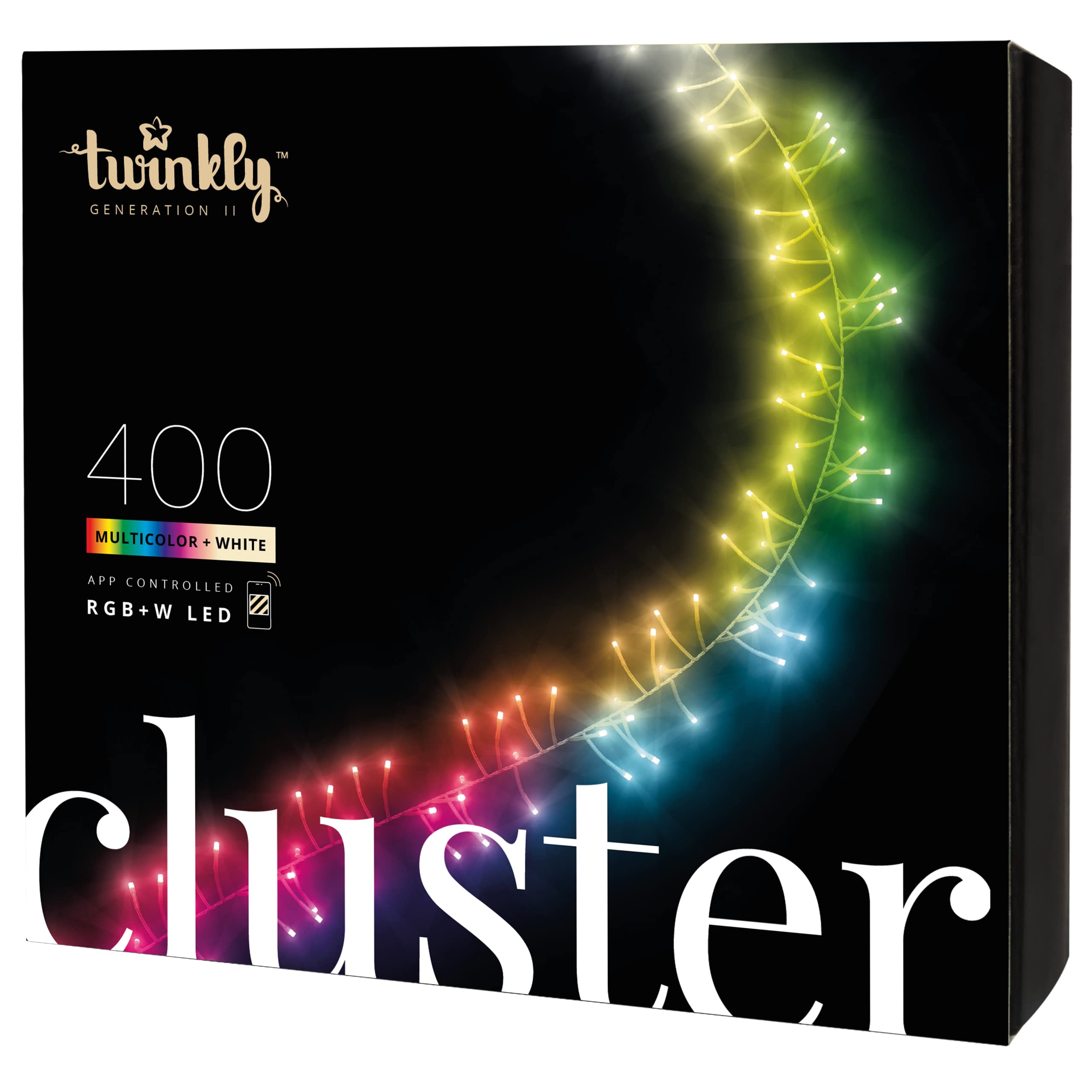 Twinkly Cluster 19.7ft RGB + White LED String Lights - 400 Dense Smart LEDs for Indoor/Outdoor Use - Alexa & Google Home Compatible - IP44 Waterproof - App Controlled Color Mapping - Perfect for Gaming Rooms, Bedrooms & Party Decorations