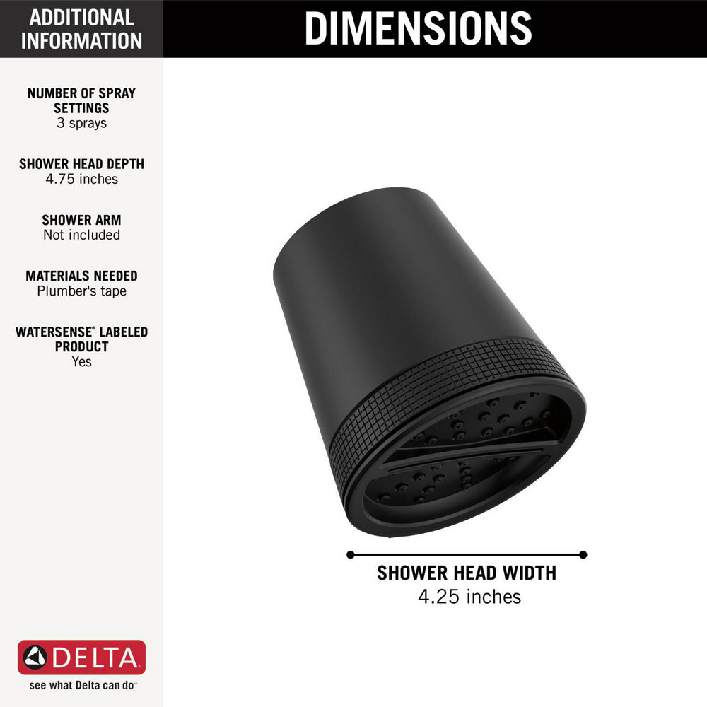 Delta Matte Black 3-Setting Shower Head with Handheld Spray - Water Saving Rainfall Showerhead for Bathroom & Spa Relaxation (Model 52386 BL)